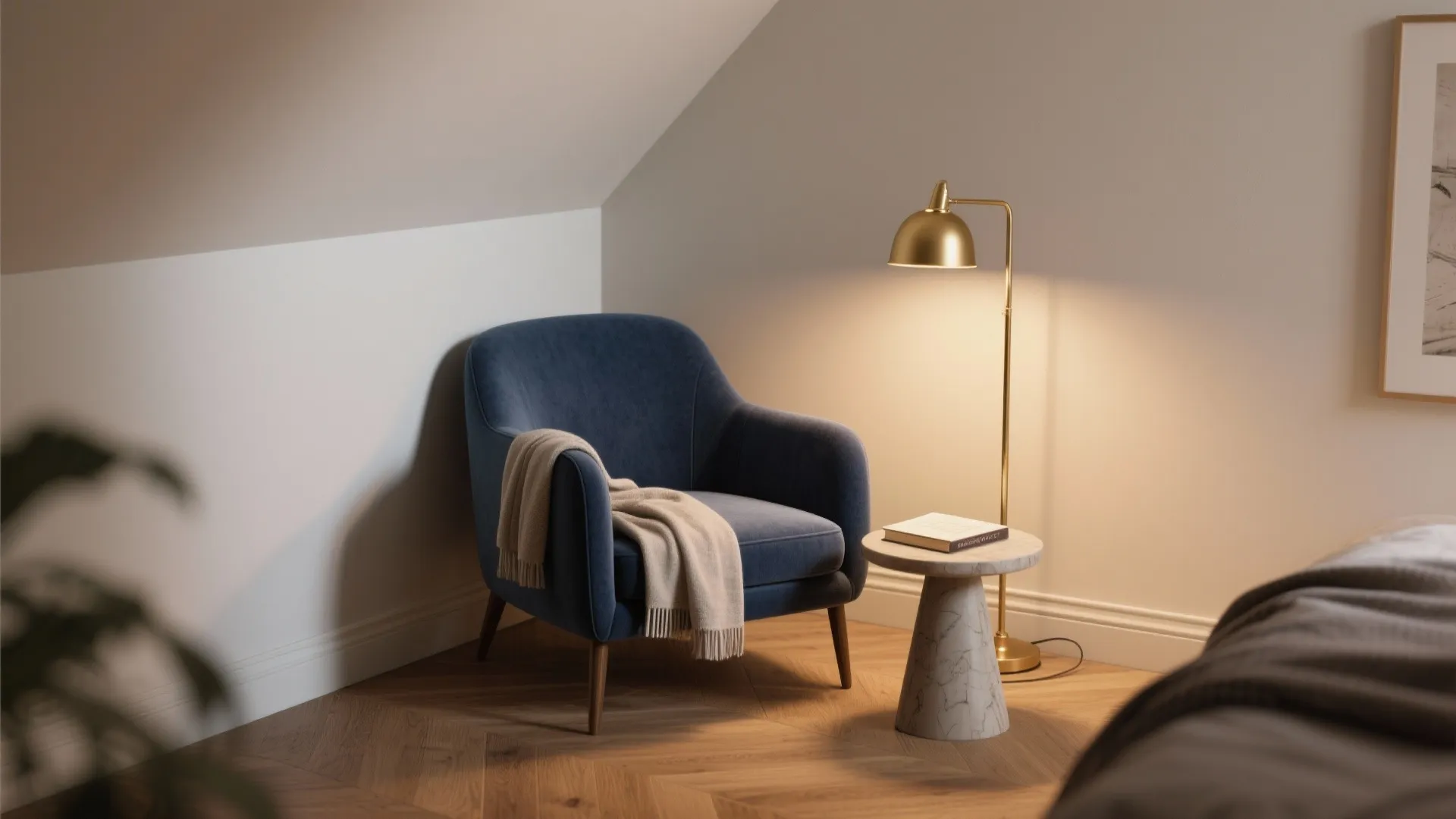 2. Create a reading nook with a navy accent chair and lamp