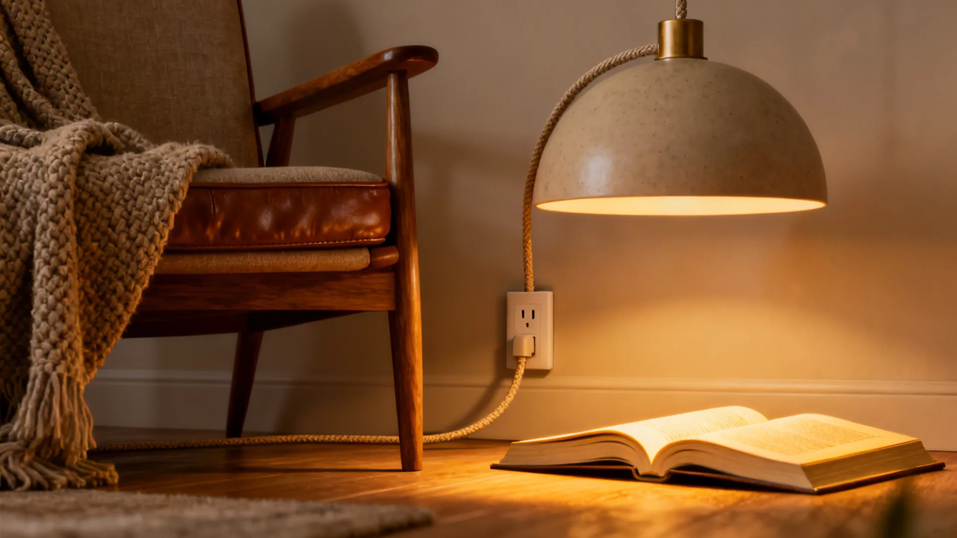 Cozy reading nook with wooden chair, knitted blanket, warm light fixture, and an open book