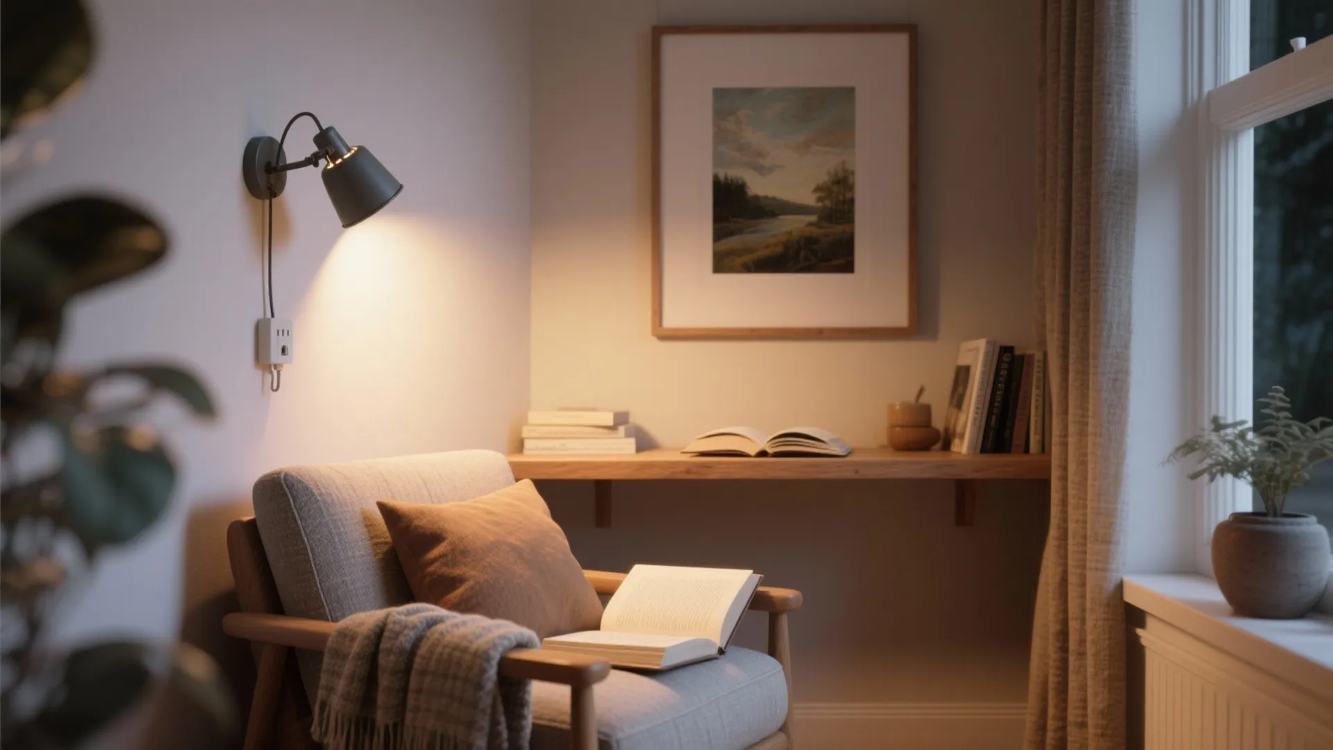 Cozy reading nook lit by an adjustable plug-in picture light over a floating shelf and armchair