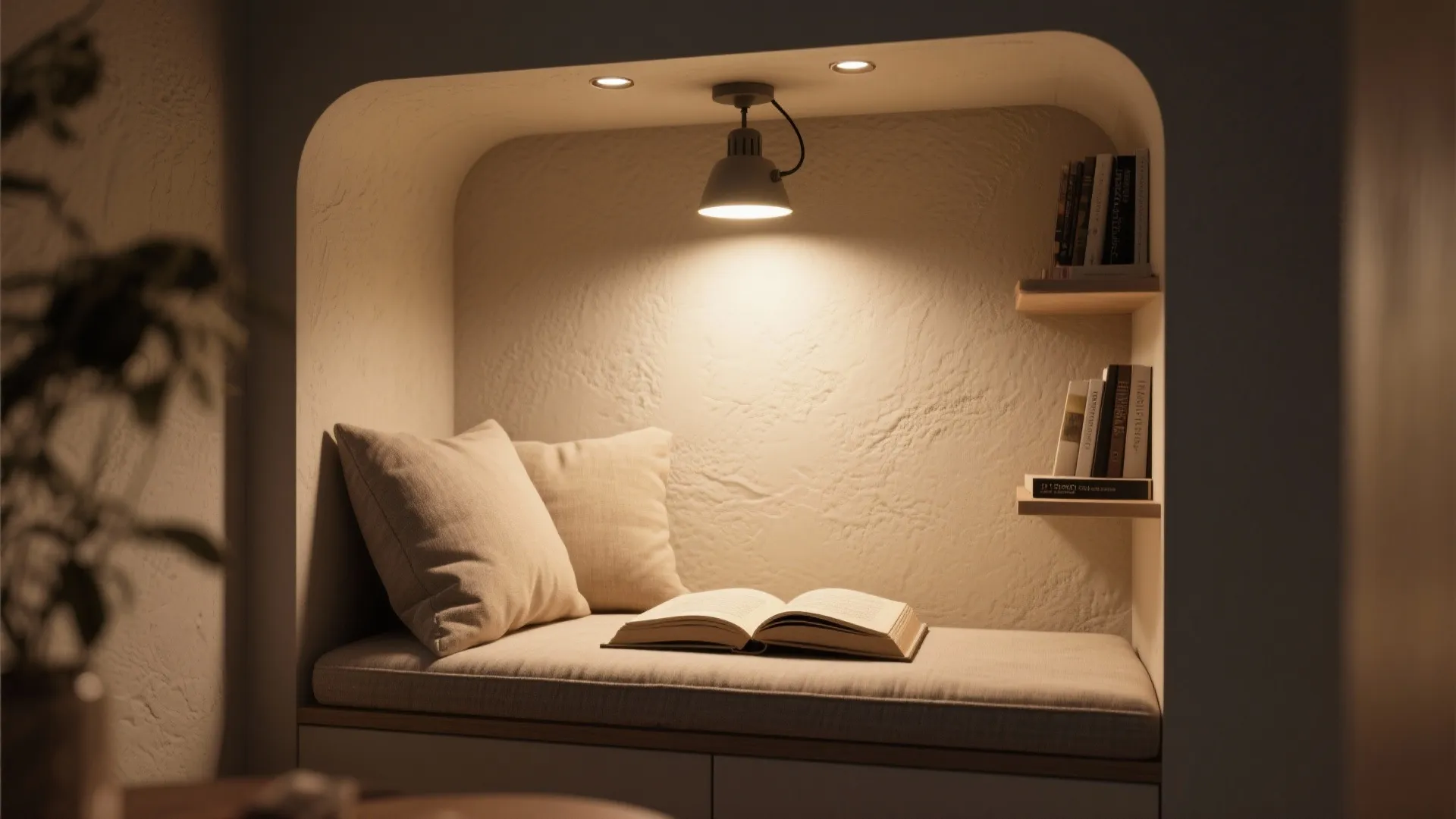 Cozy alcove reading nook with a recessed adjustable light above a built-in bench.