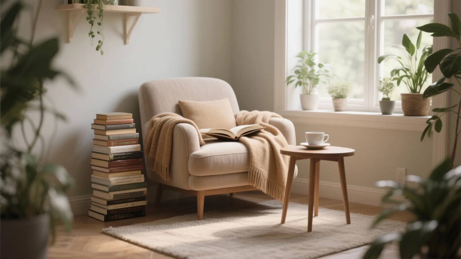 Cozy reading corner with beige armchair soft blanket stack of books small wooden side table