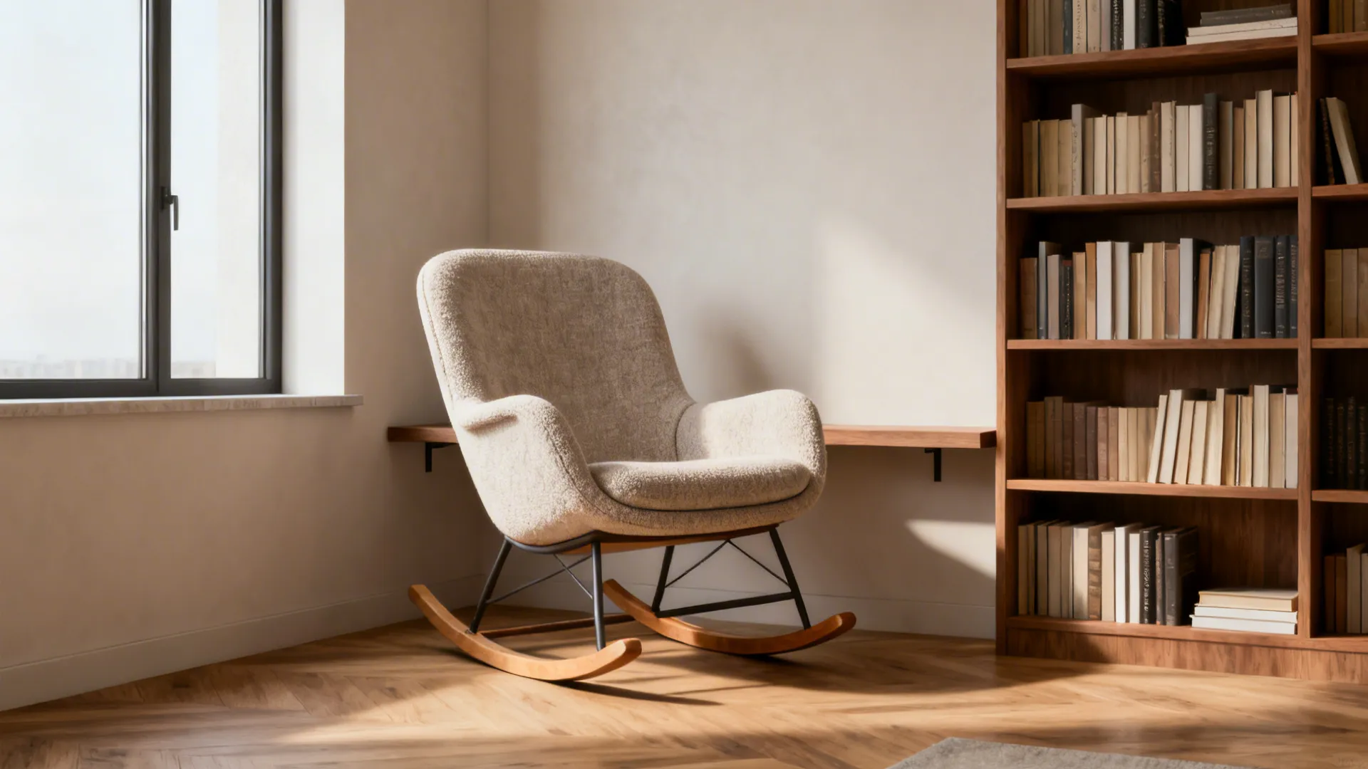 Comfortable beige rocking chair placed next to tall wooden bookshelf in sunny home reading nook
