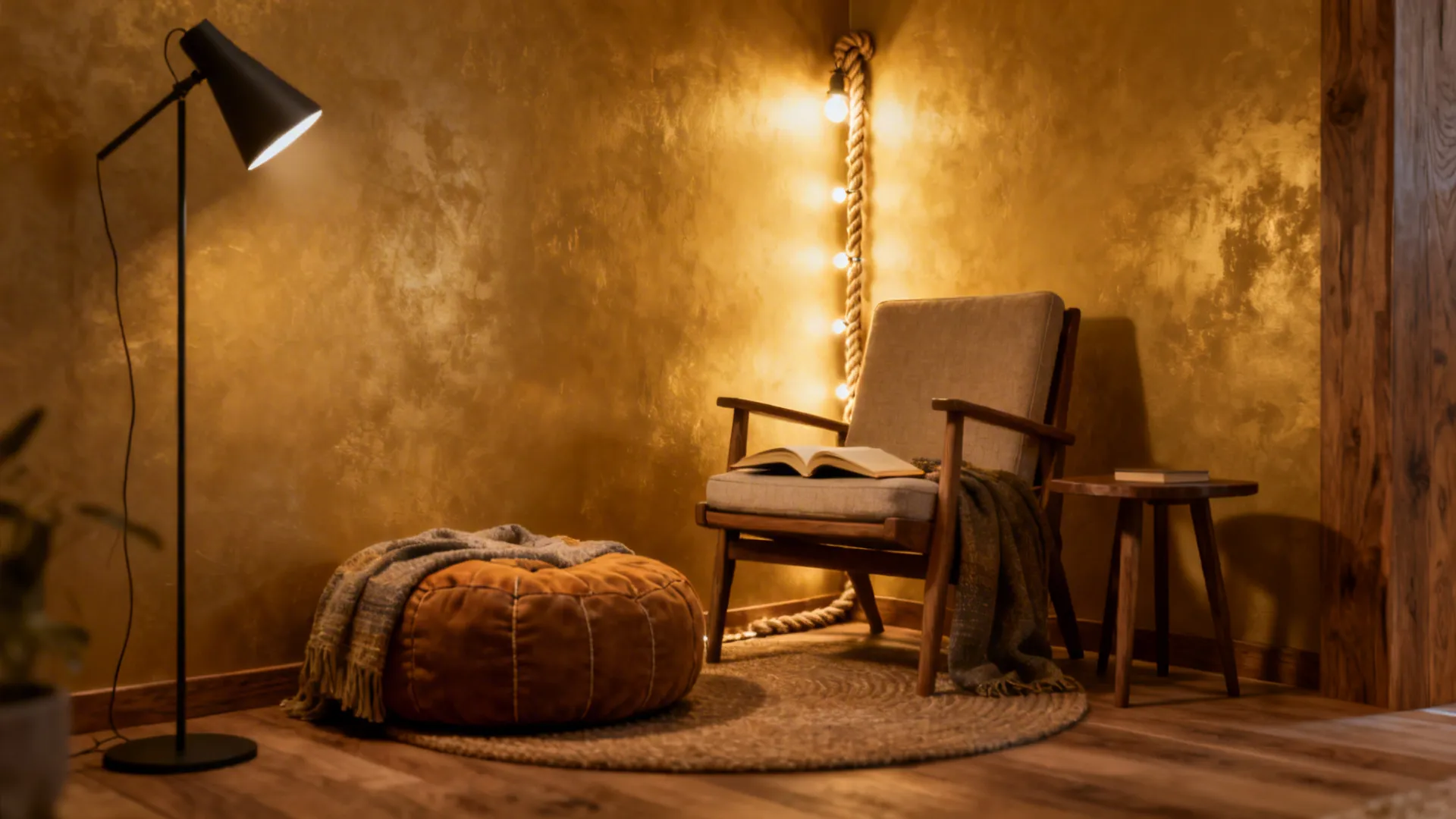 Small reading corner lit by a rope-style string light creating a warm, hygge atmosphere