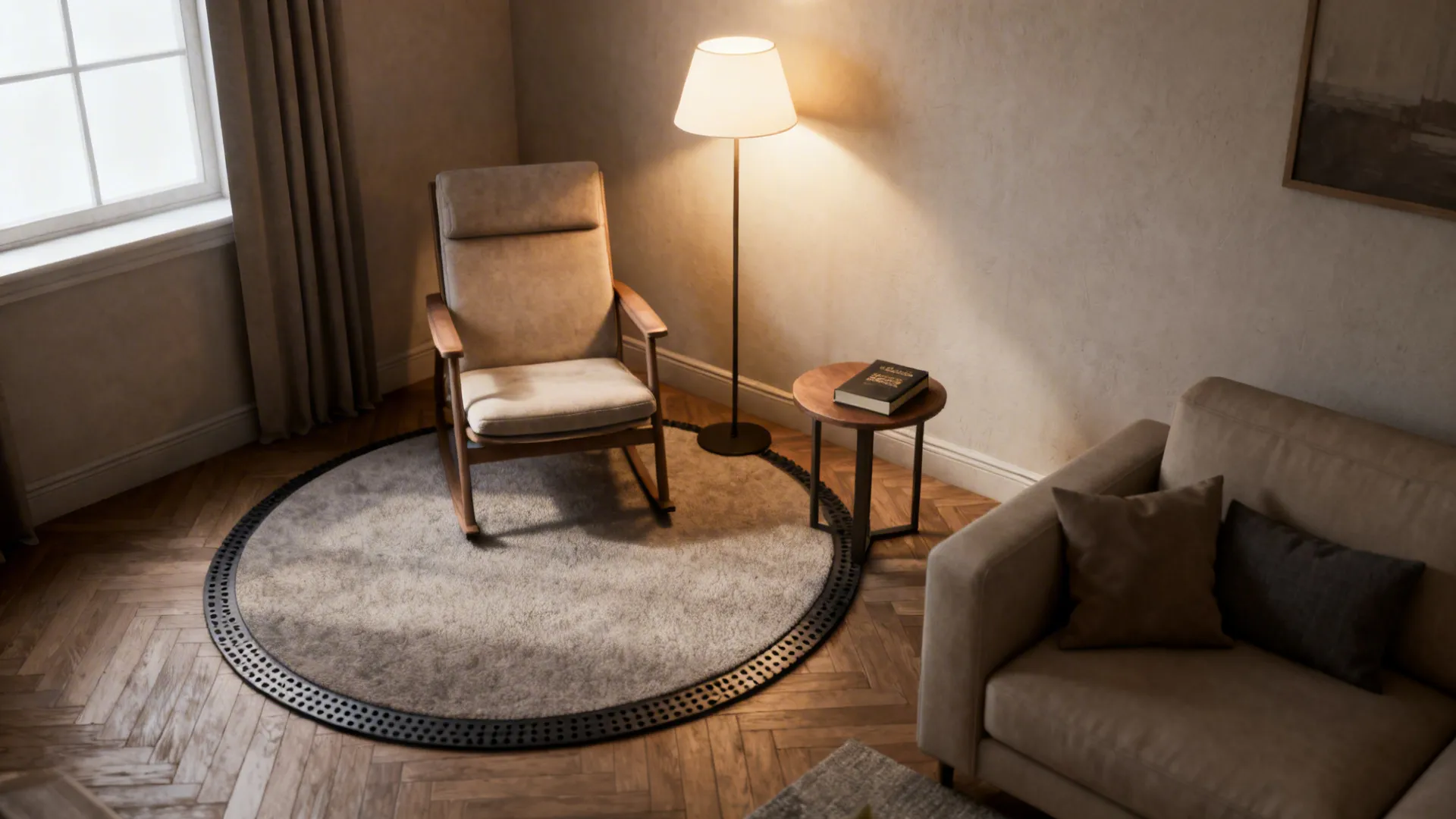 Cozy reading nook with a small round rug, lounge chair and floor lamp in a corner