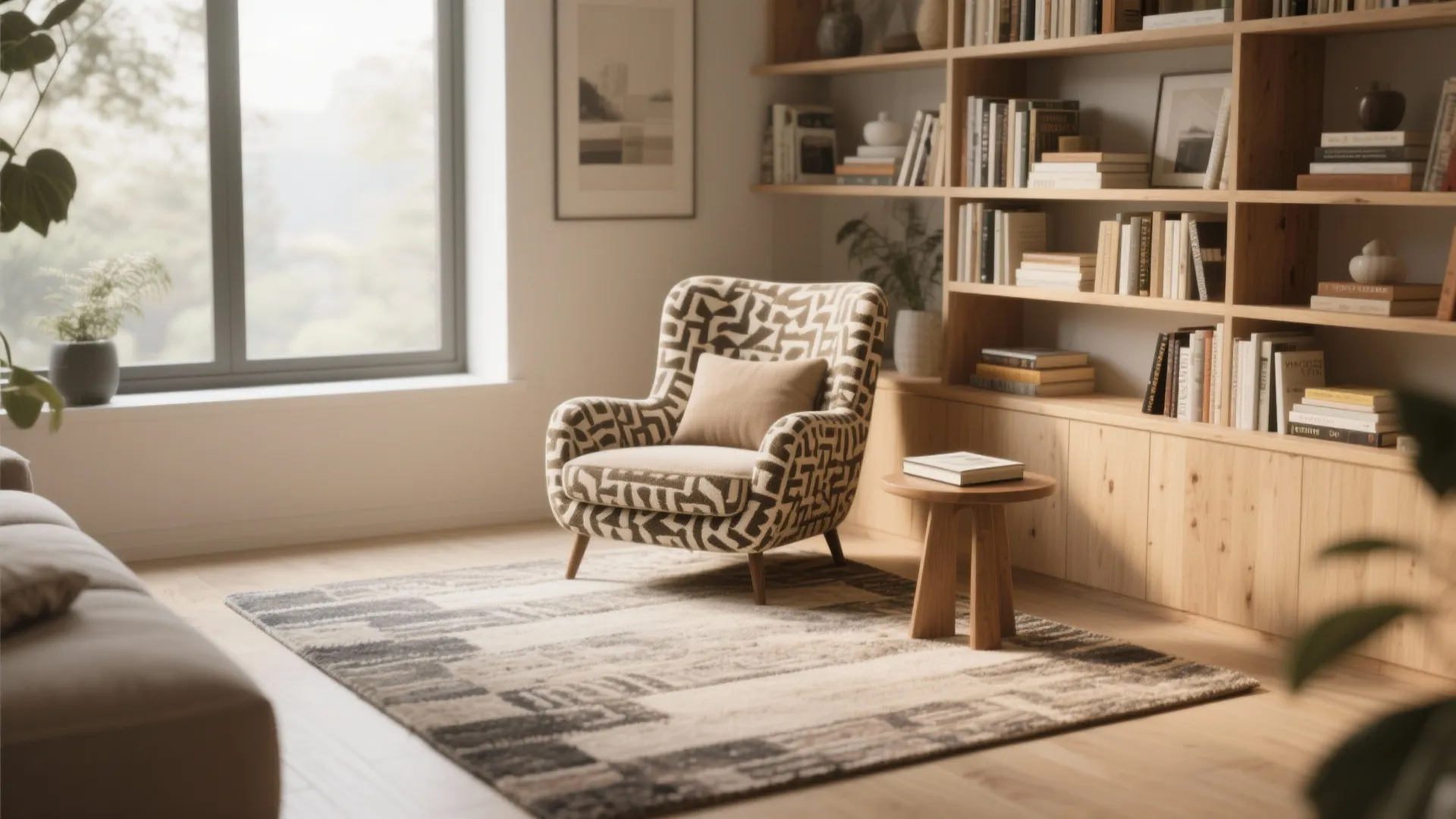 5x7 rug under chair and table defining a reading nook
