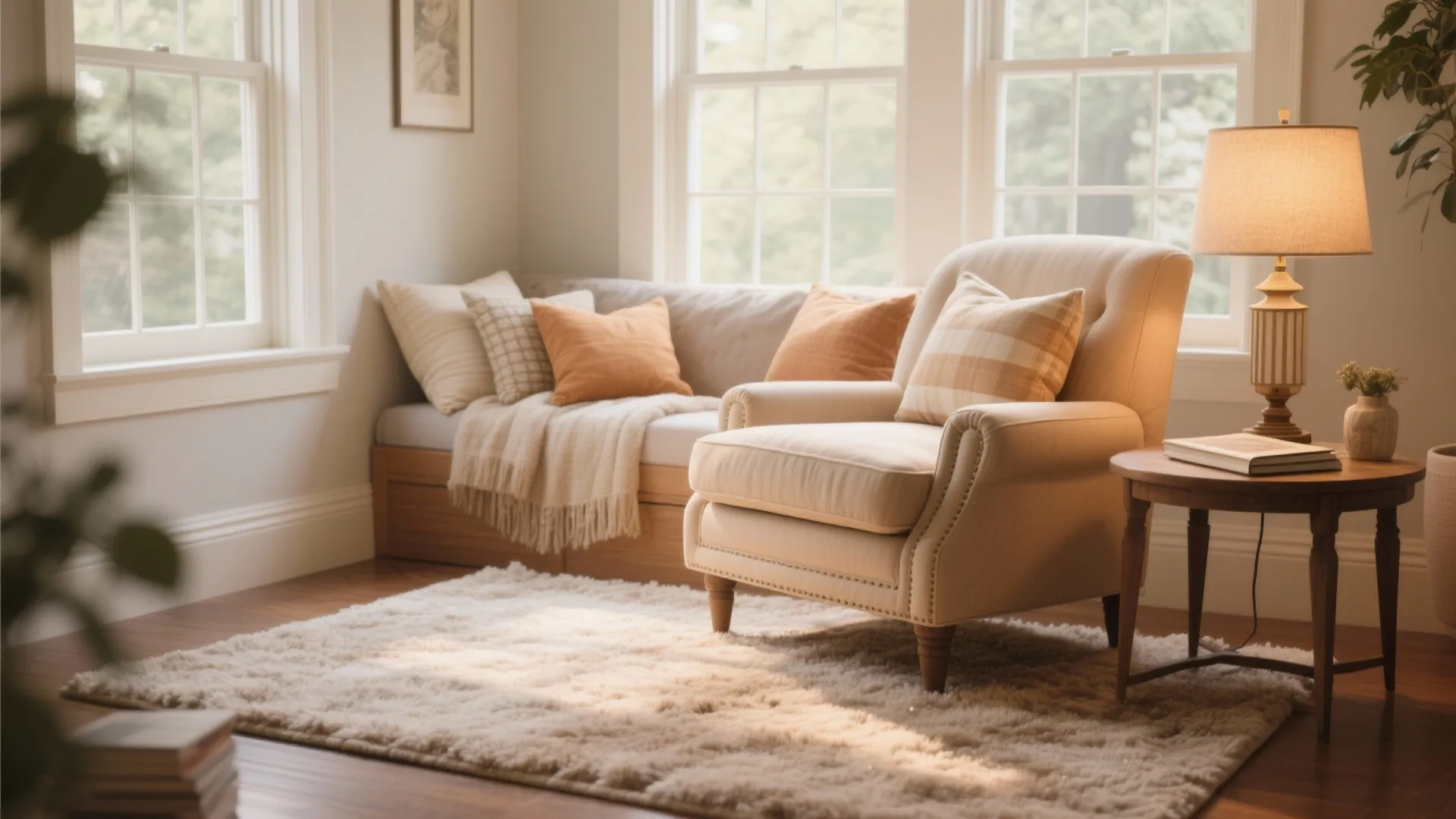 Beige armchair with orange pillows on soft white rug in a cozy sunlit reading nook