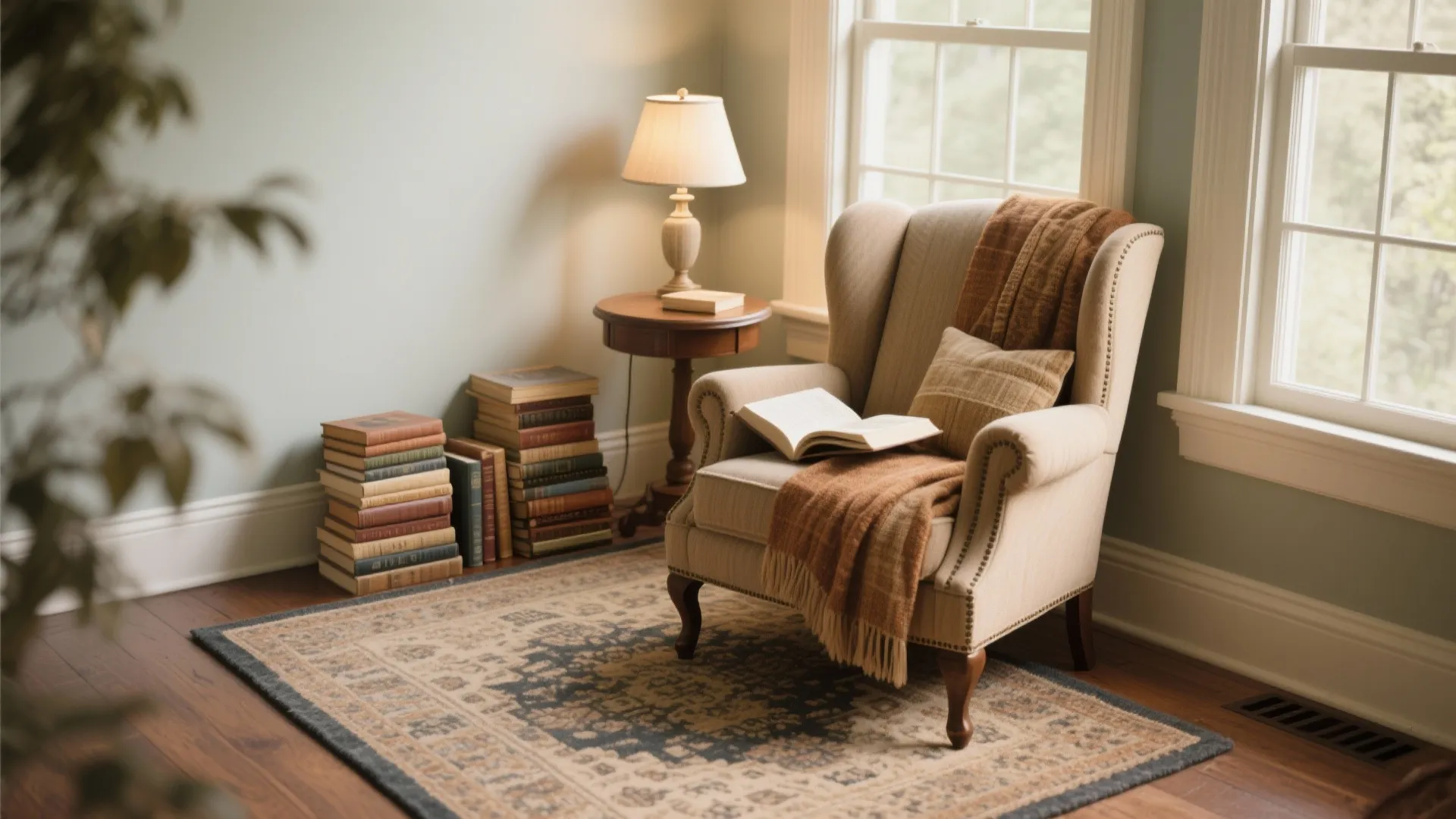 Cozy reading corner with armchair book lamp side table and patterned rug near a bright window
