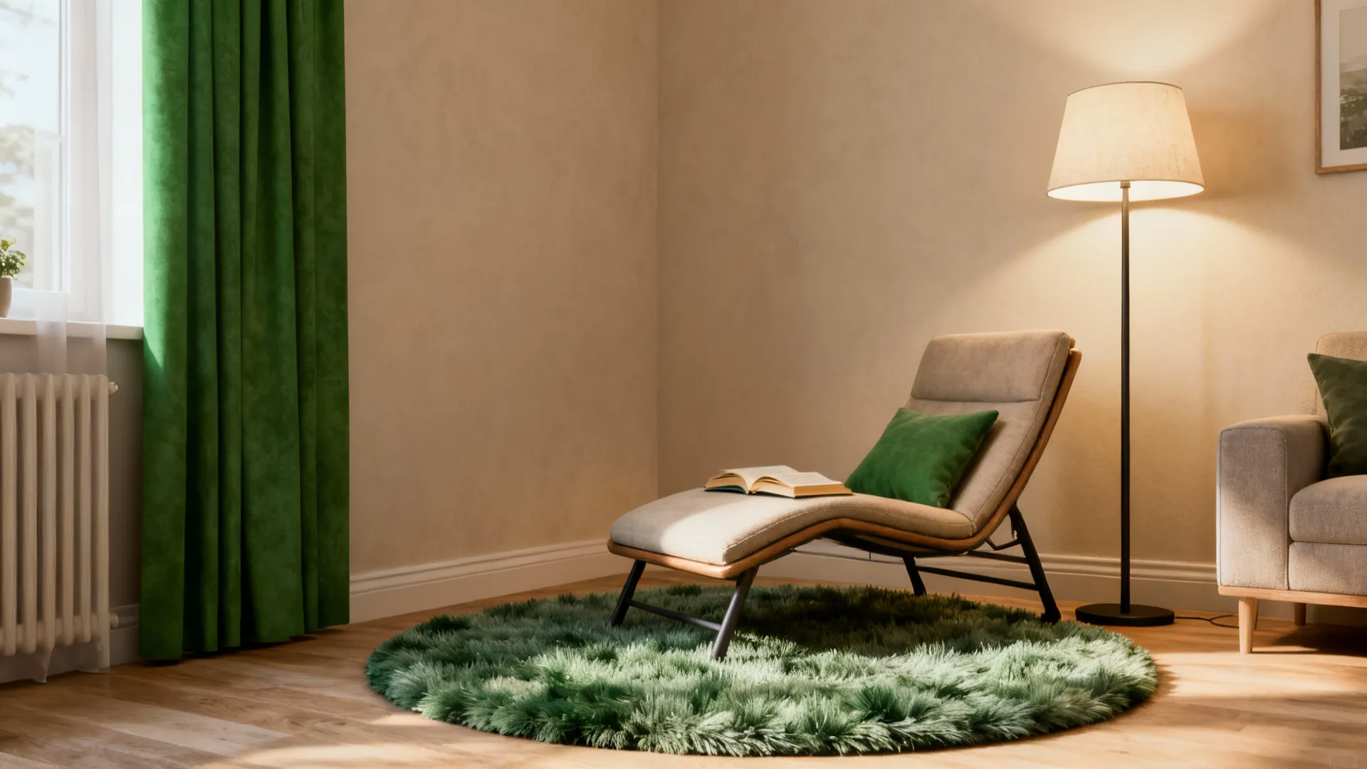 Offset round rug under a lounge chair and floor lamp defining a cozy reading nook.