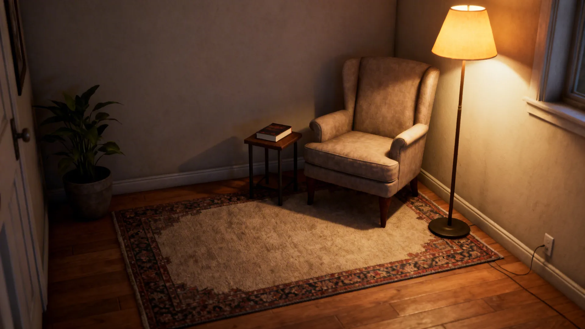Cozy reading corner with beige armchair side table book floor lamp patterned rug and plant
