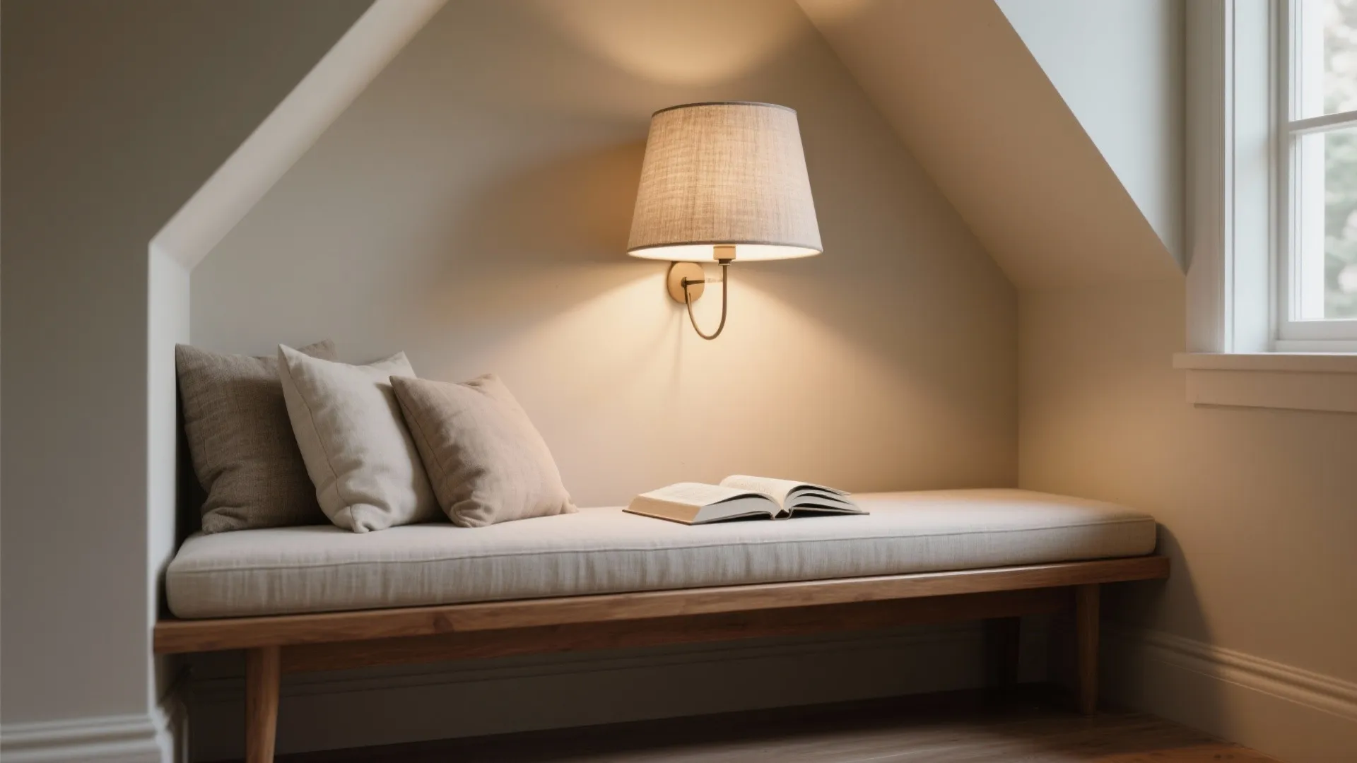 Cozy reading alcove with a bench and a single angled fabric shade sconce directing warm light onto an open book.