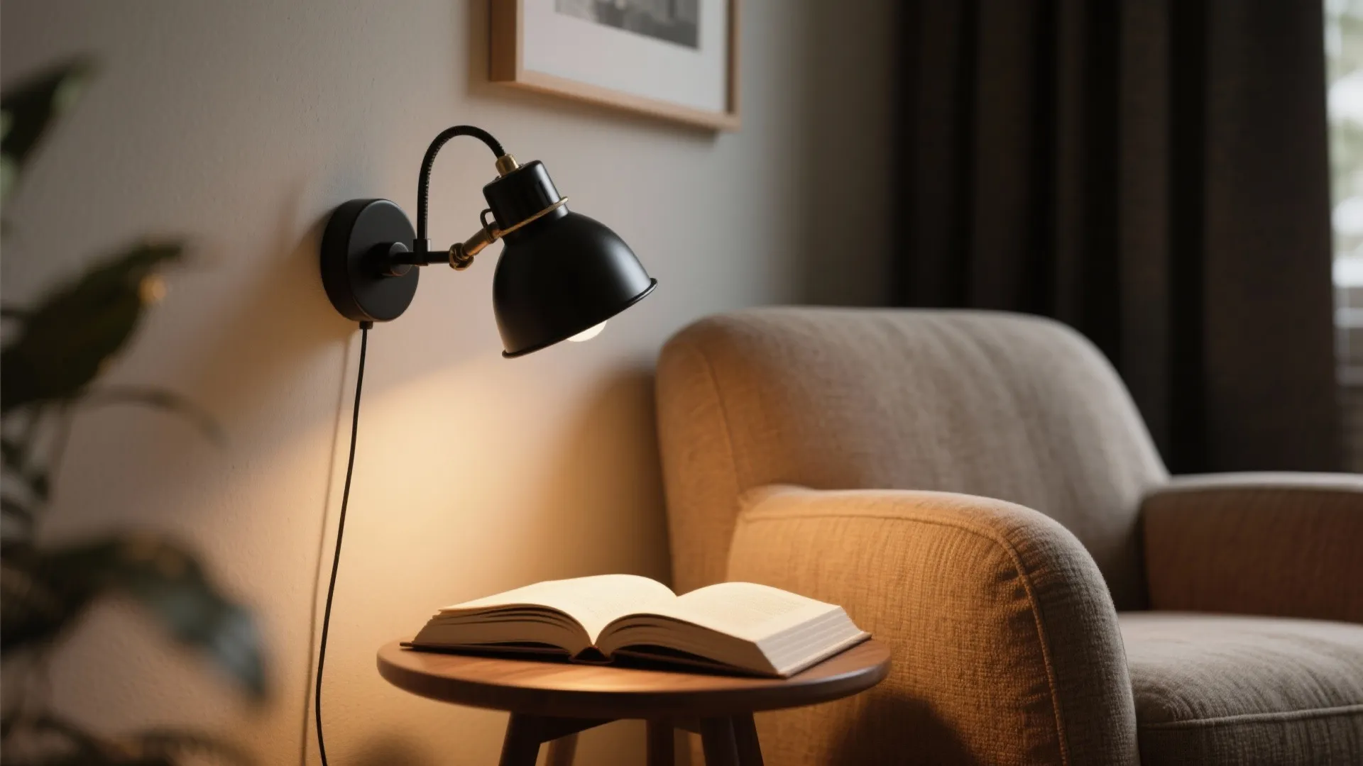 Cozy reading corner with black wall light shining over an open book on small wooden table