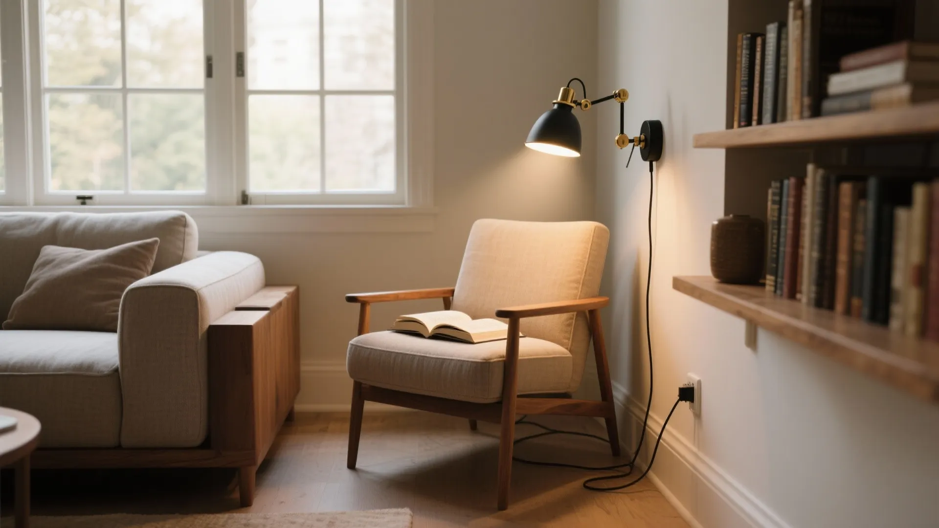 Adjustable reading sconces in living nooks