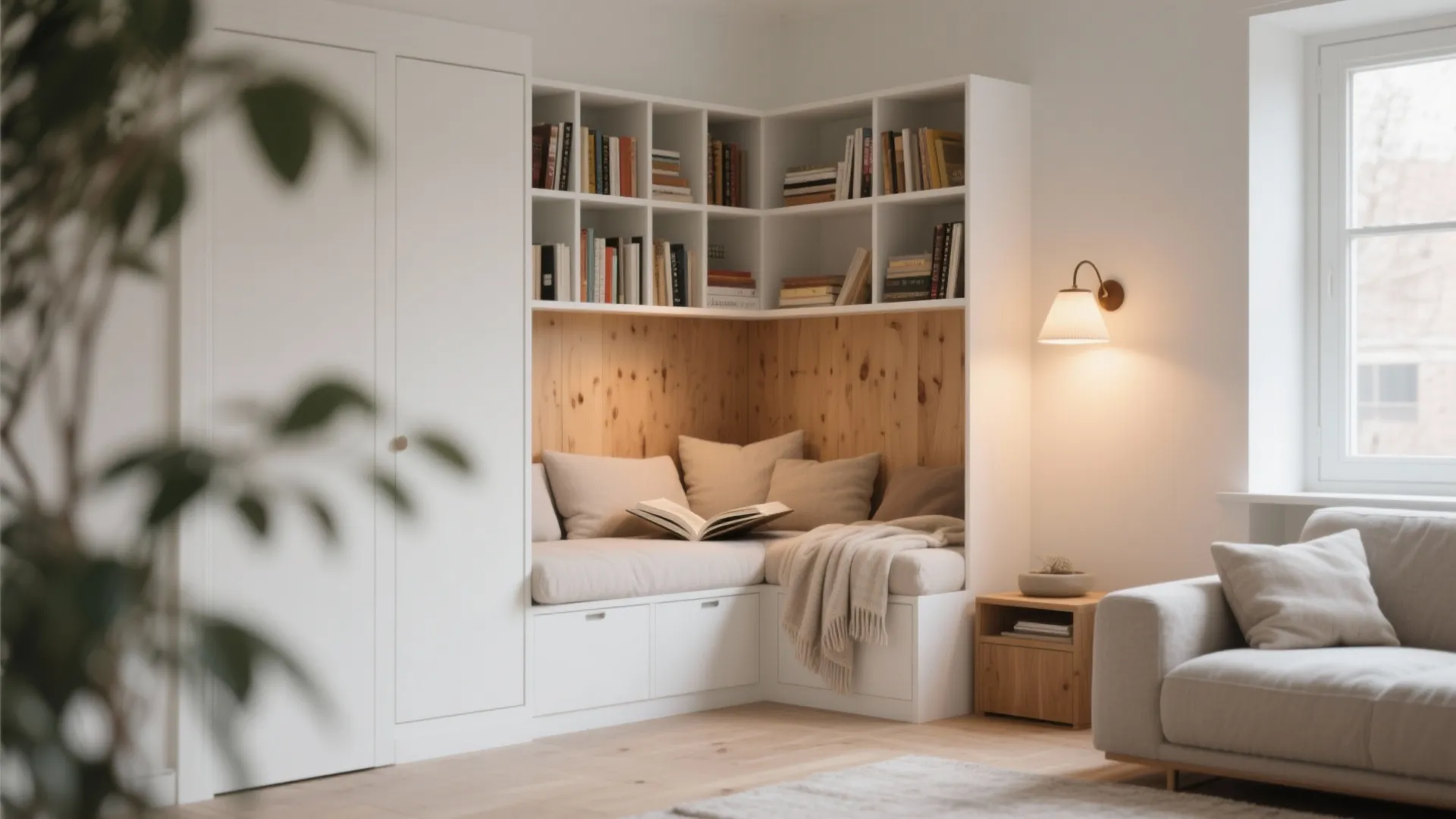 Cozy reading nook with white corner bookshelves wood paneling wall light and comfortable bench cushions