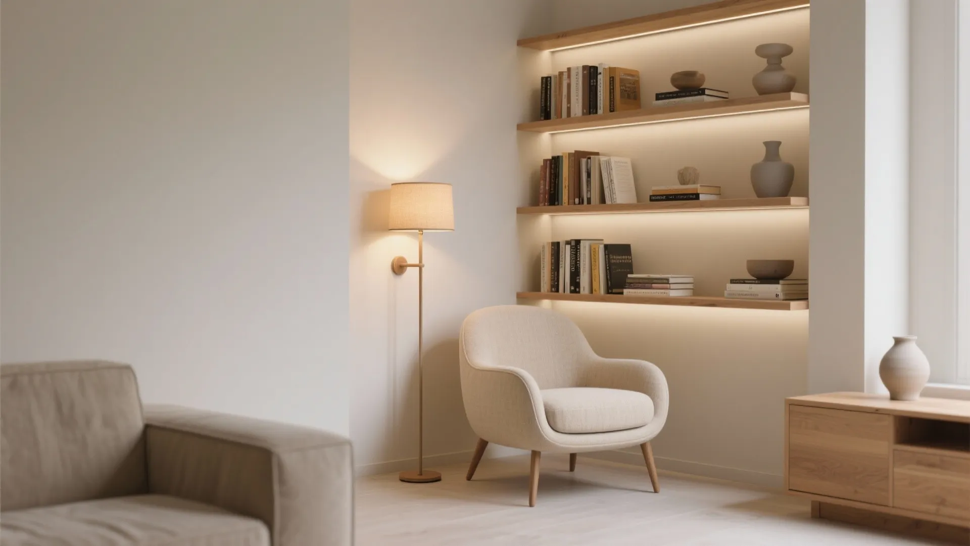 Corner Reading Nook with Tall Shelving