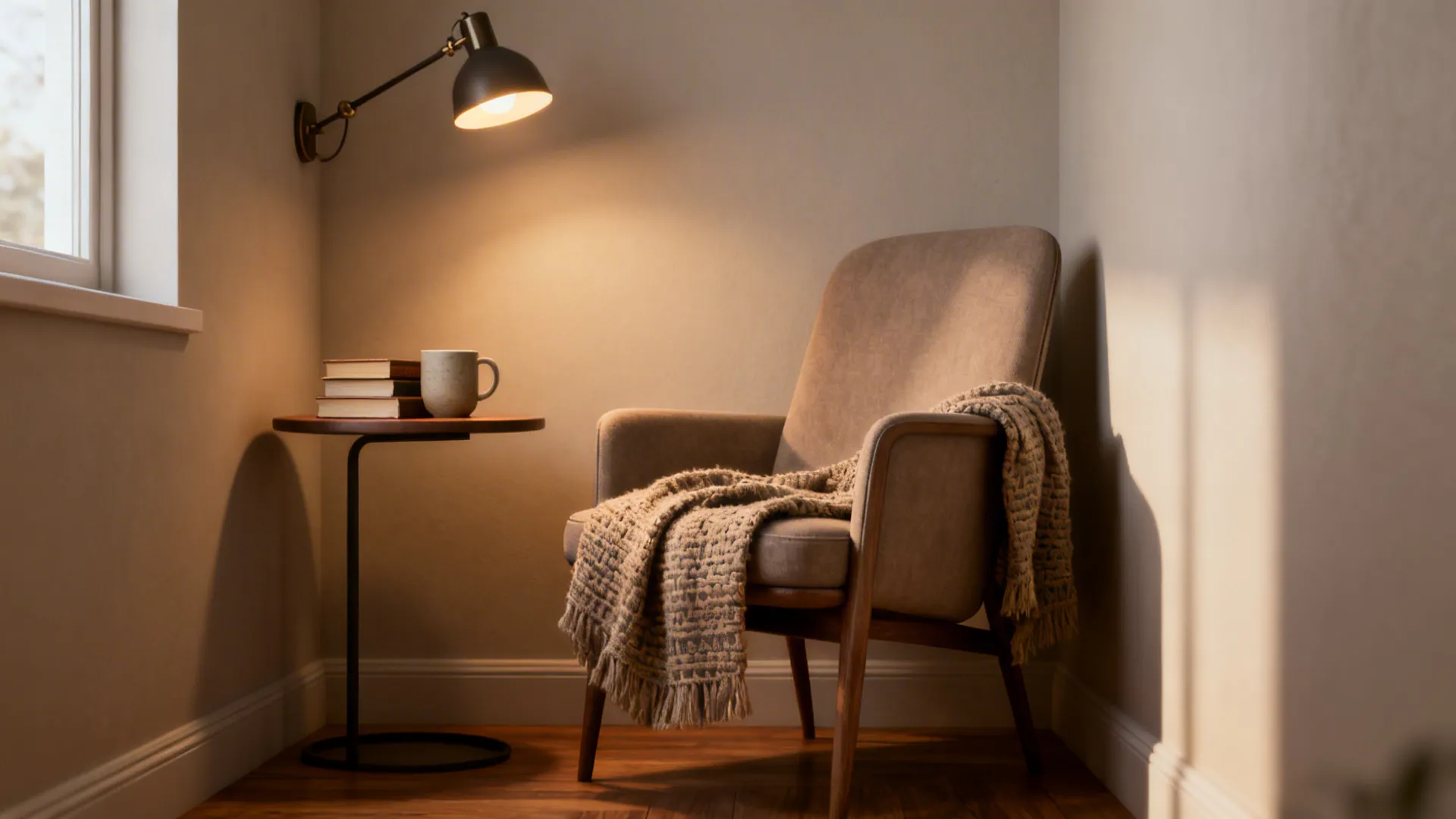 Slim reading chair in a corner with a narrow side table and wall lamp, cozy neutral styling