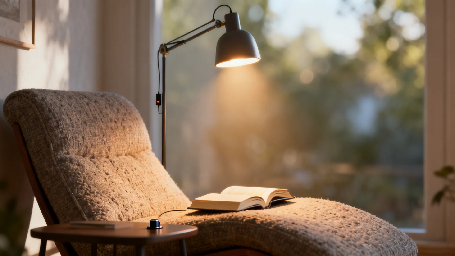 Reading nook with a swing-arm floor lamp casting focused light over a lounge chair and book.