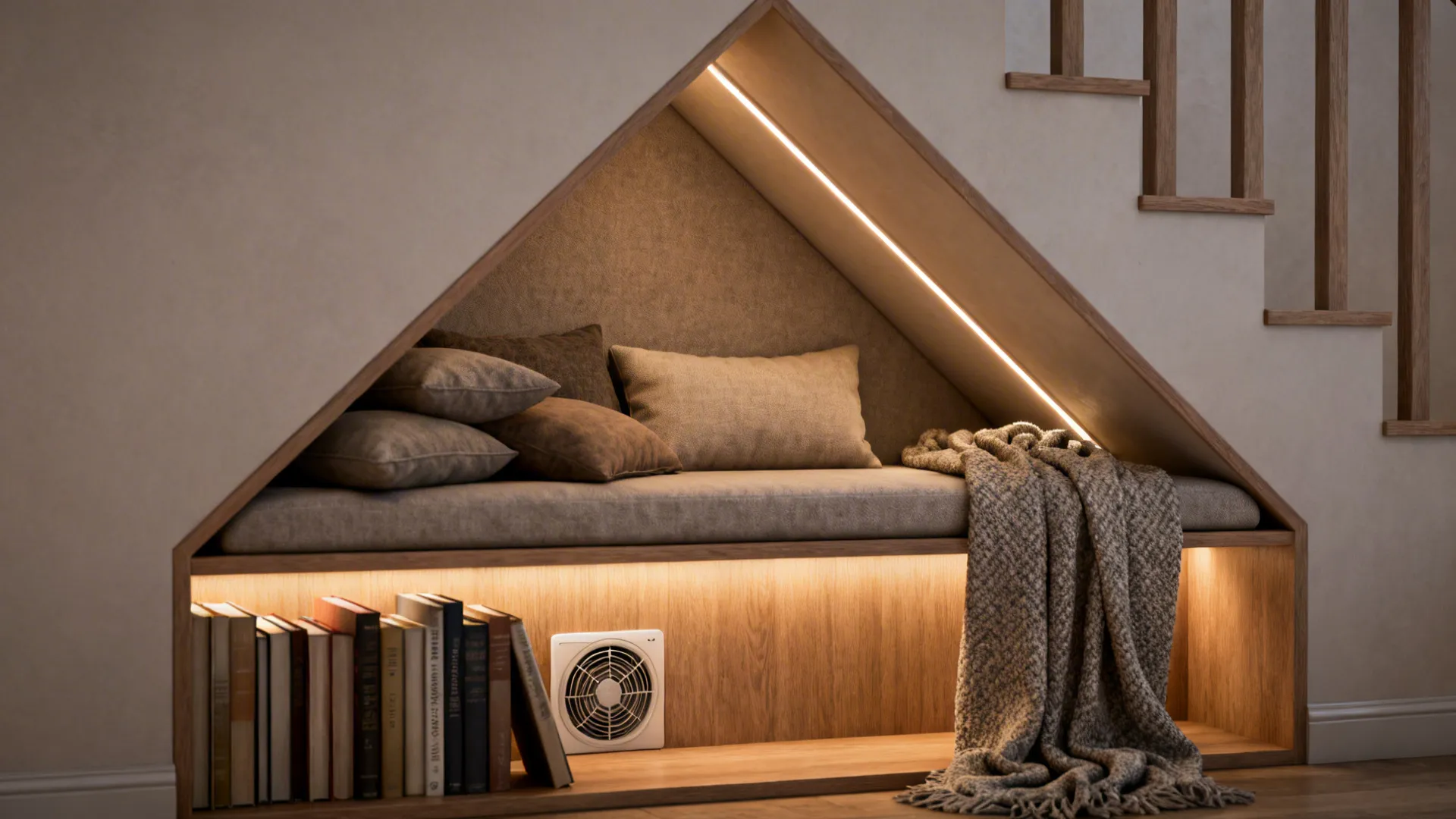 Close-up of a tucked reading nook under the stairs with cushions, LED strip lighting and a slim book shelf.