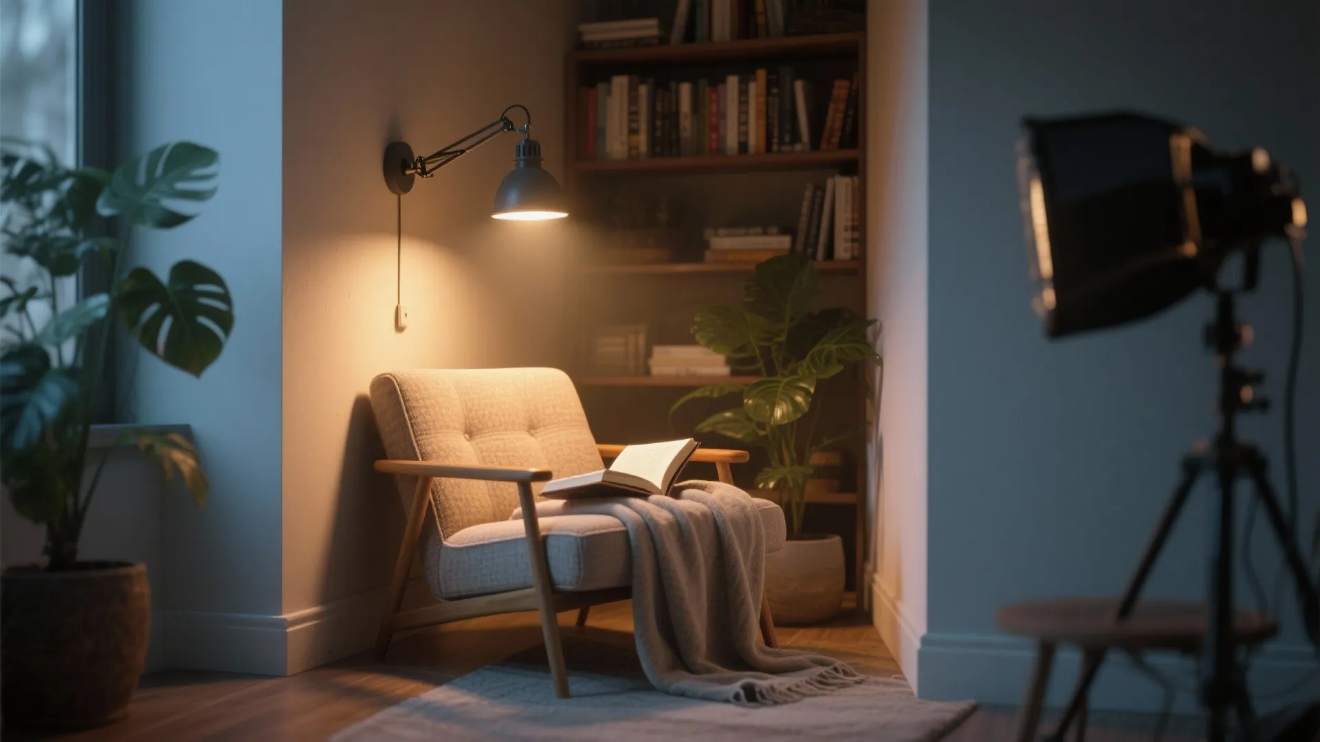 Cozy reading corner with armchair blanket wall light books and green plants in warm lighting