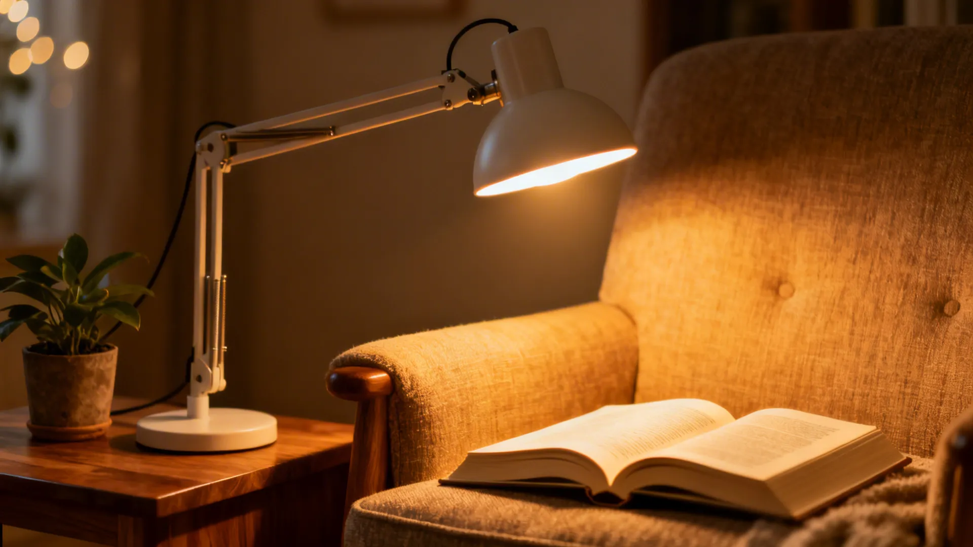 White desk lamp shines on an open book on a brown sofa with a plant
