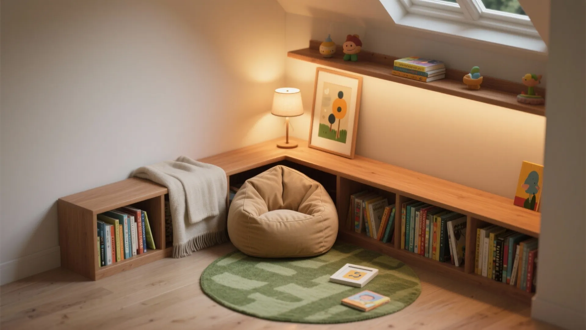 A cozy reading nook with layered lighting and durable materials