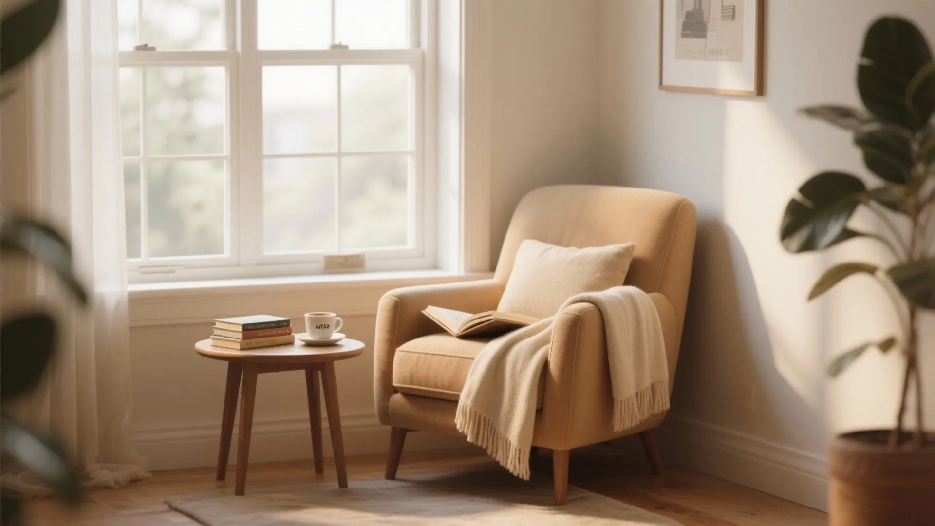 Cozy reading corner with yellow armchair wooden side table books coffee cup and bright window light