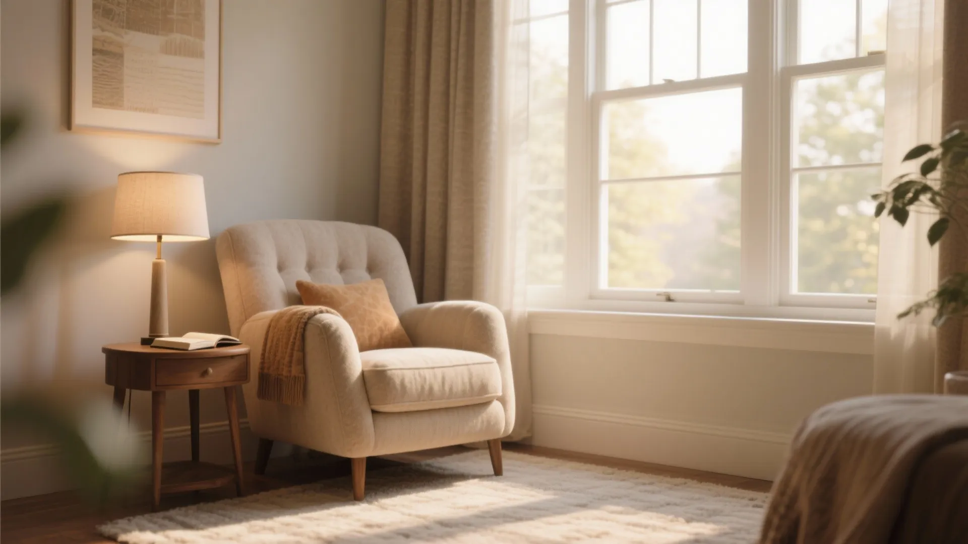 Comfortable beige armchair with yellow pillow next to a wooden side table and sunny window