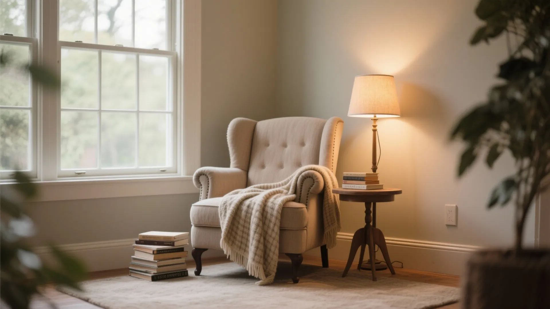 Wingback chair reading nook with blanket and floor lamp by a sunlit window