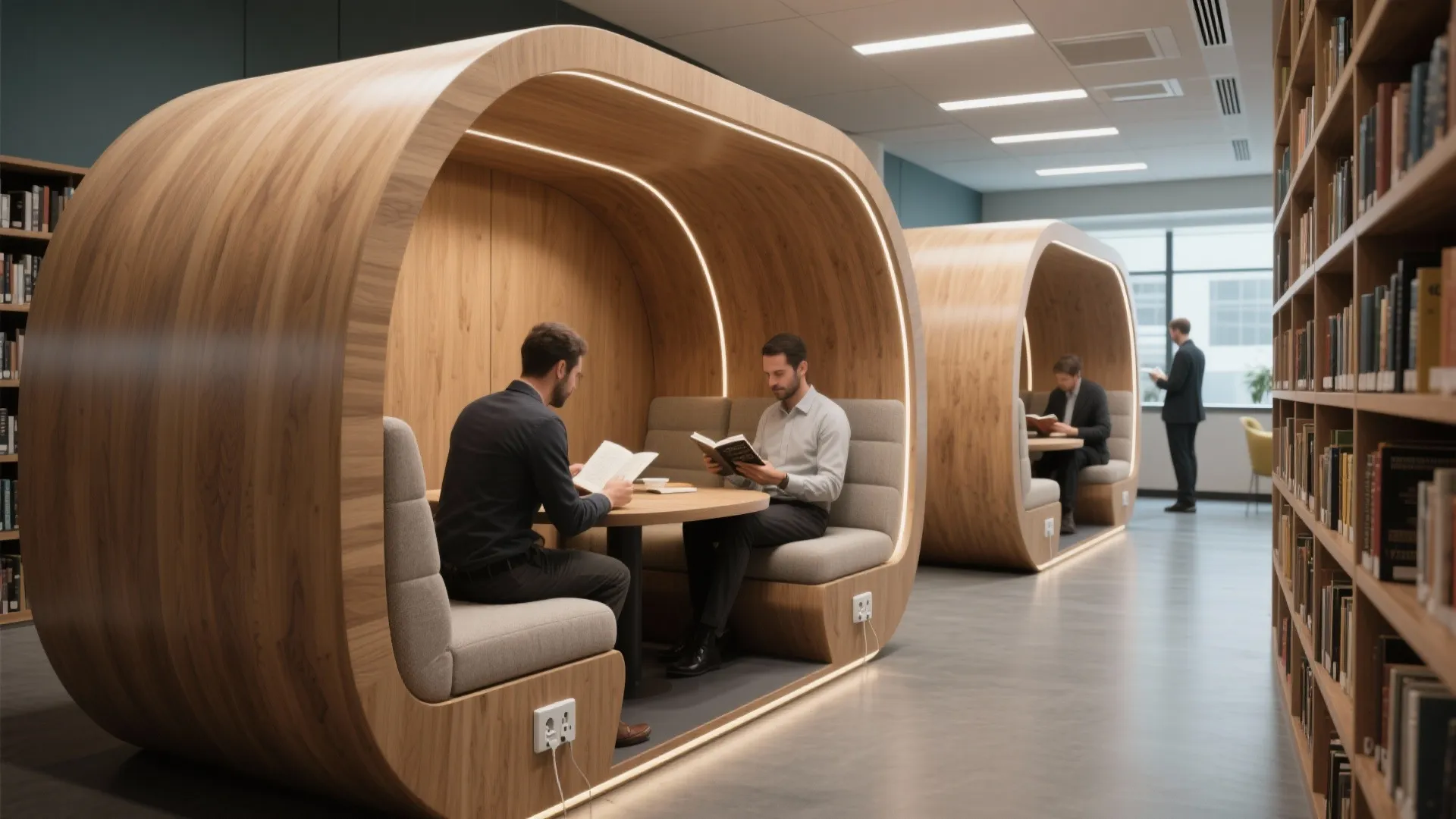 Modern reading pods doubling as micro meeting zones in a corporate library
