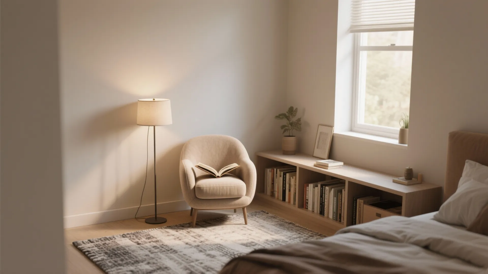 Cozy bedroom corner featuring beige armchair, floor lamp, low wooden bookshelf, patterned rug, and window