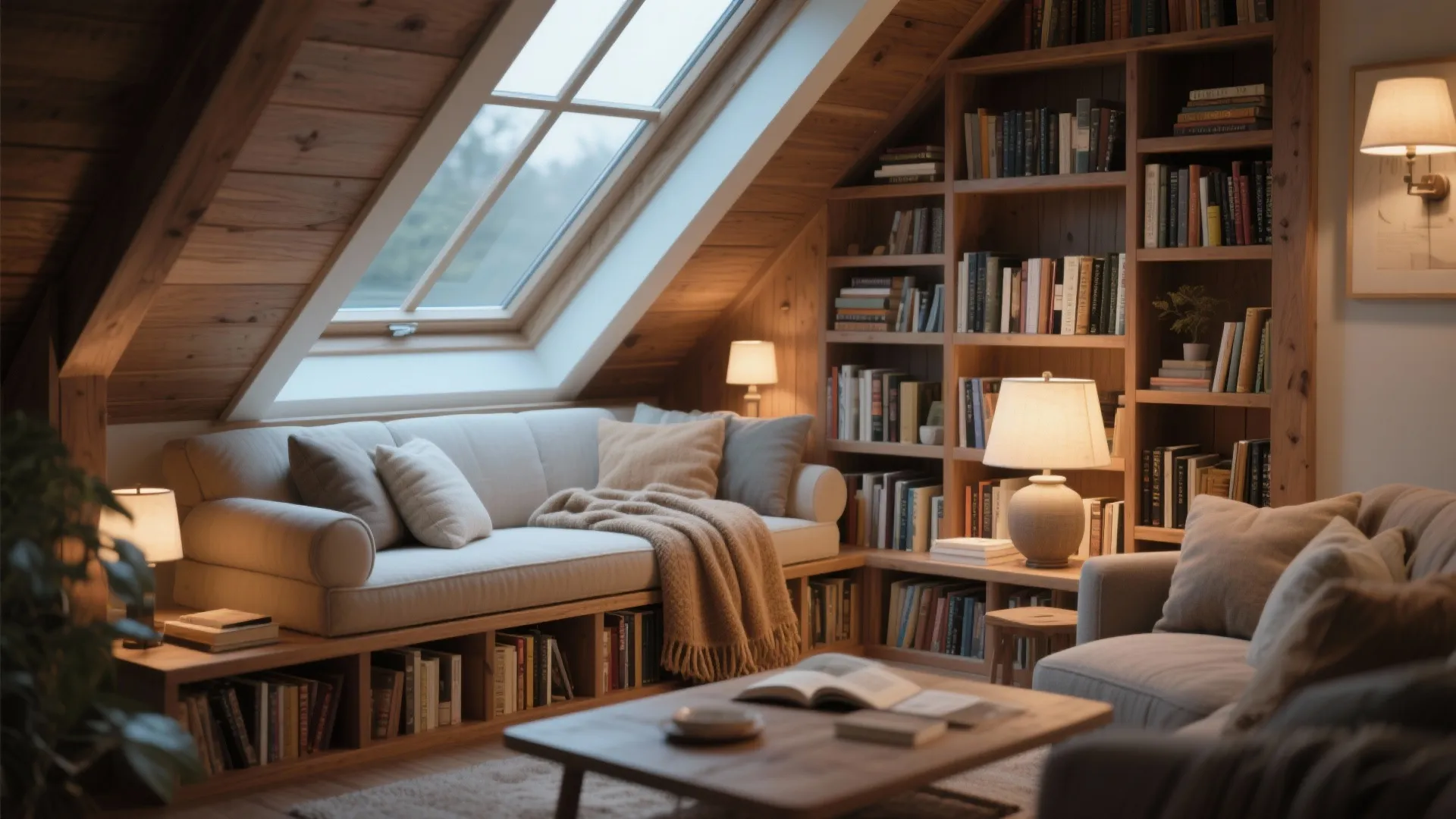 Attic reading nook with chaise under skylight and shelves