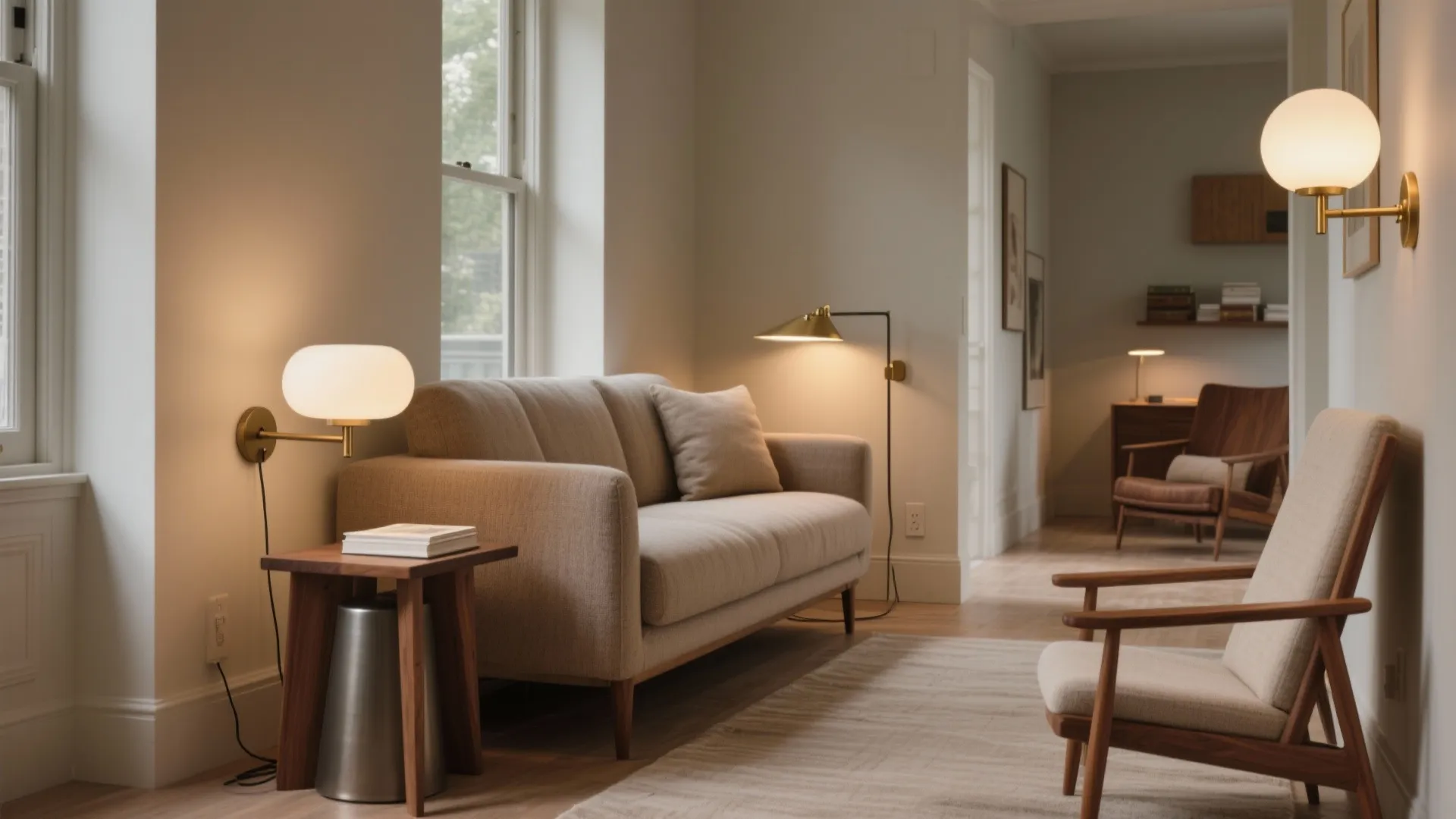 Cozy living room with beige sofa wooden side table white globe wall light and lamp