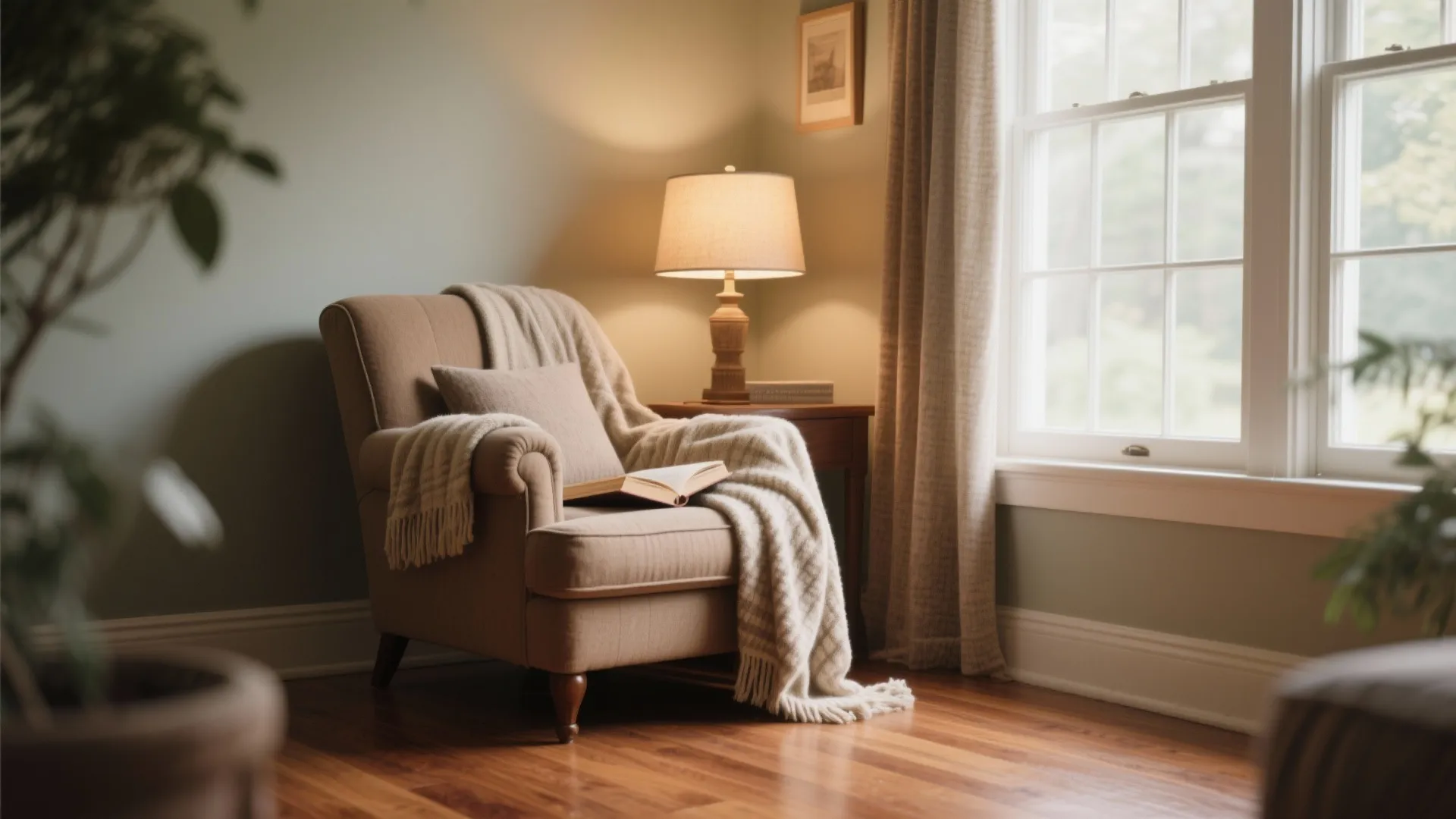 Cozy reading corner with tan armchair white blanket warm table lamp large window and wooden floor