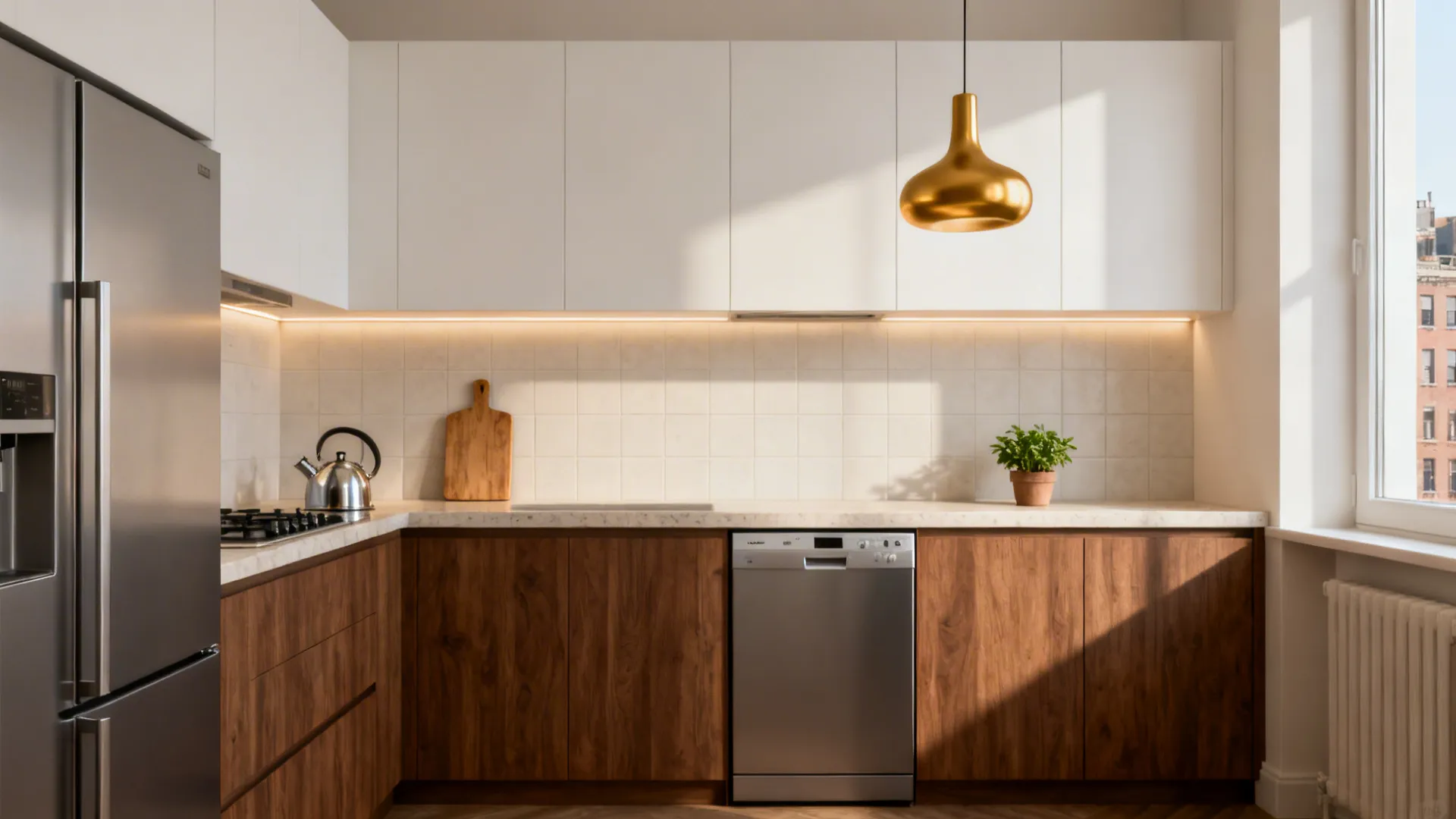 Modern kitchen with white upper cabinets, wood lower cabinets, gold ceiling light, dishwasher, and fridge