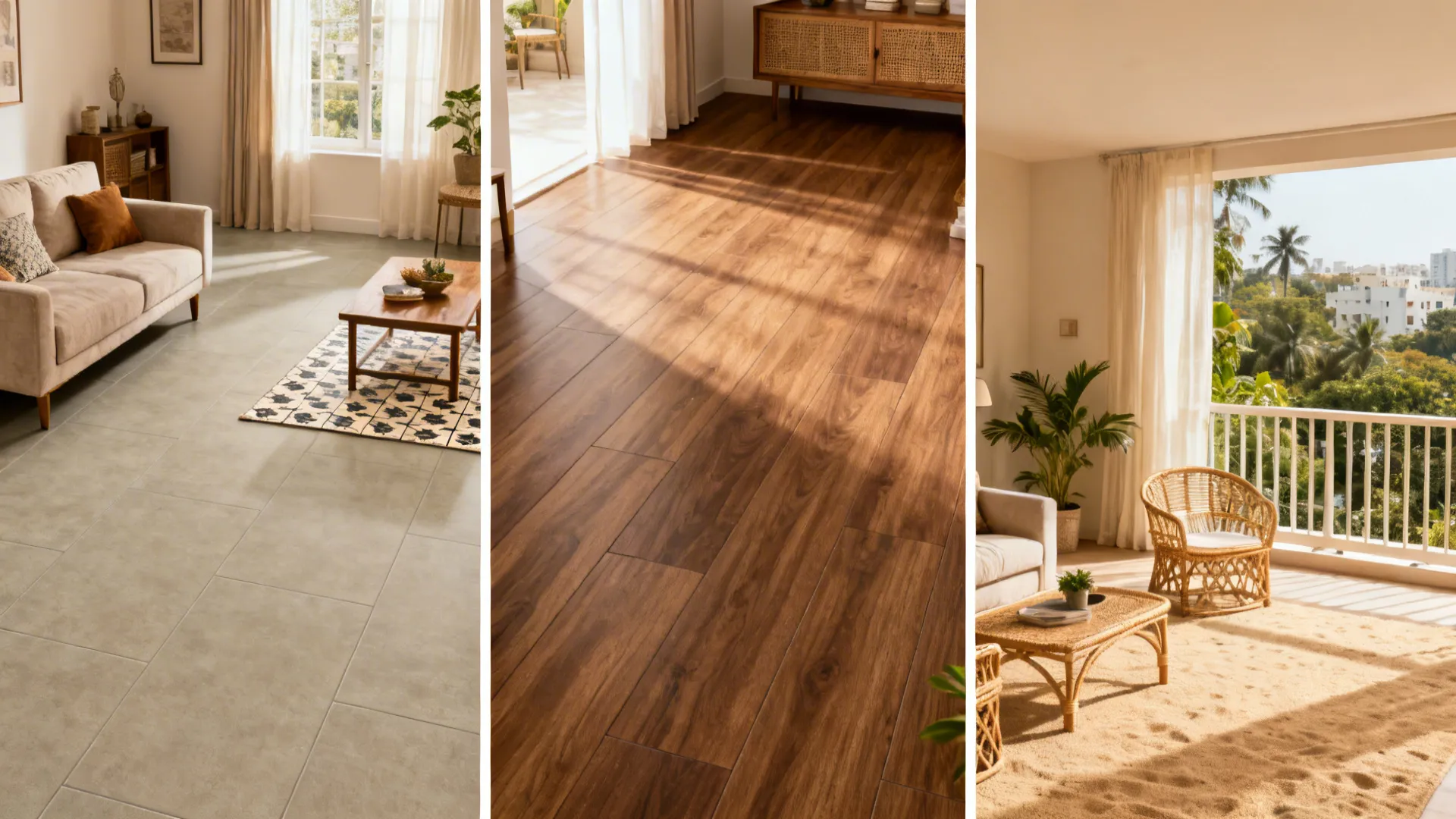 Montage of three Indian living rooms with greige large tiles, wood planks, and indoor–outdoor flow.