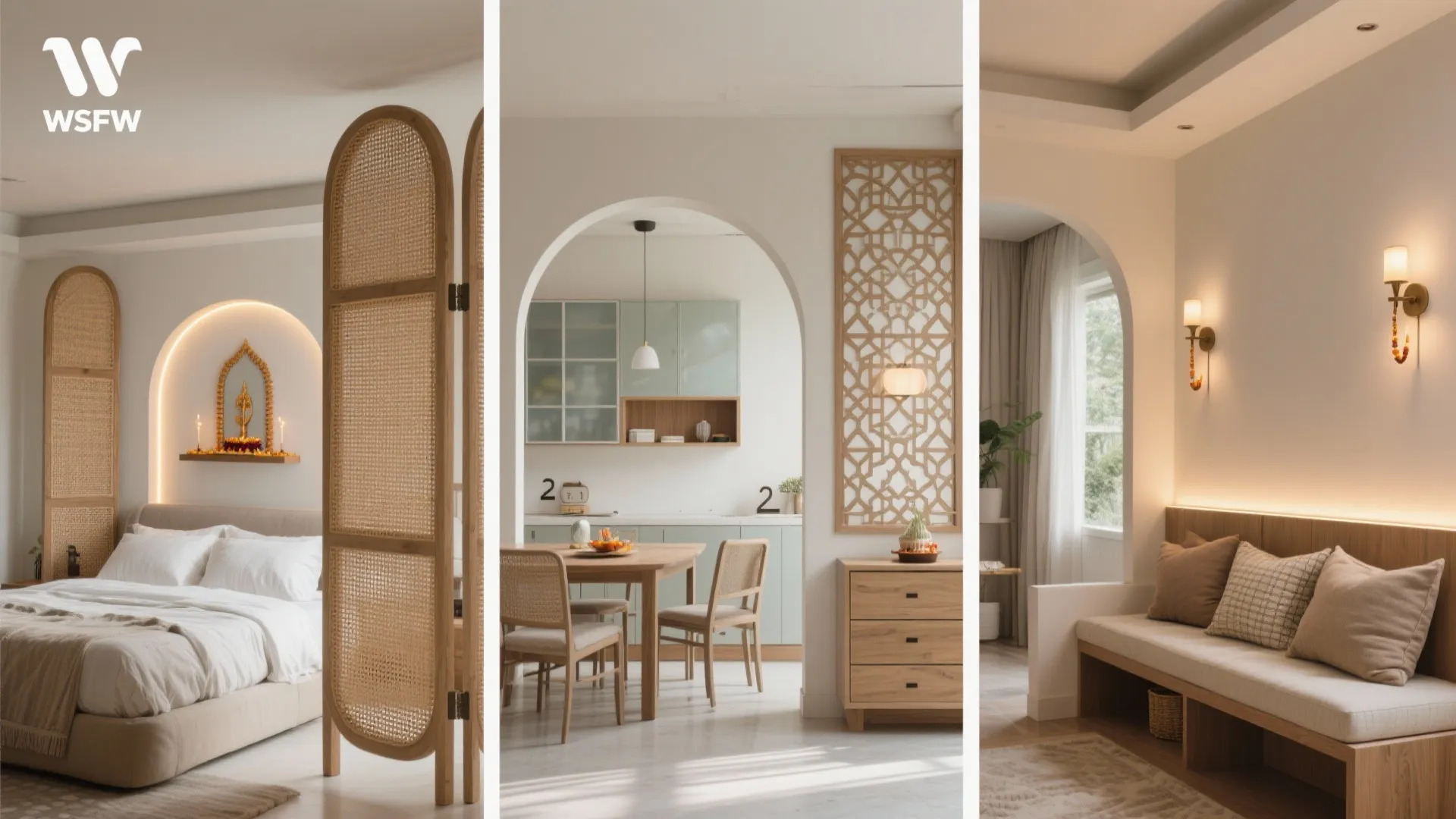 Three small-home pooja partition layouts: studio bi-fold cane, 2BHK frosted jaali, and family flat half-wall arch.