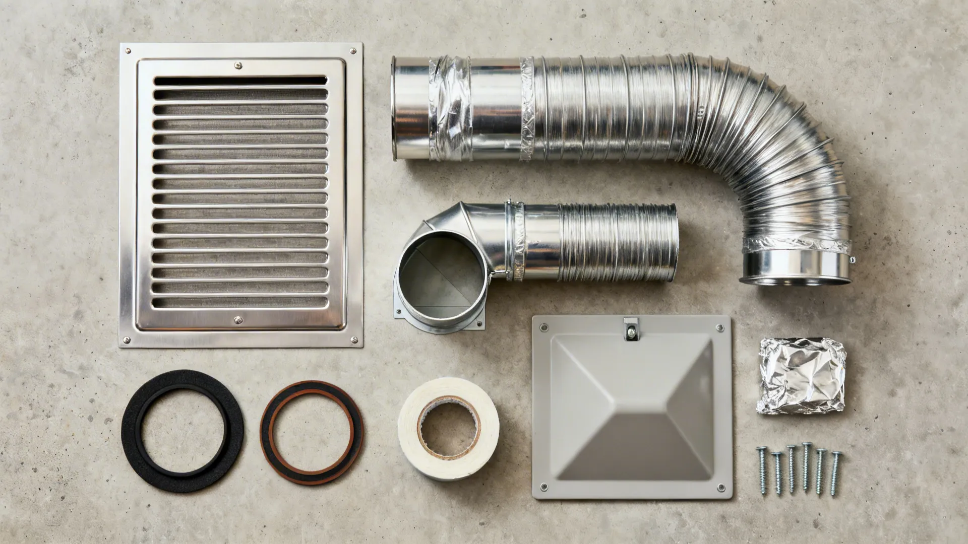 Flat lay of rear-discharge hood parts including baffle filters, duct transition, damper, and wall cap.