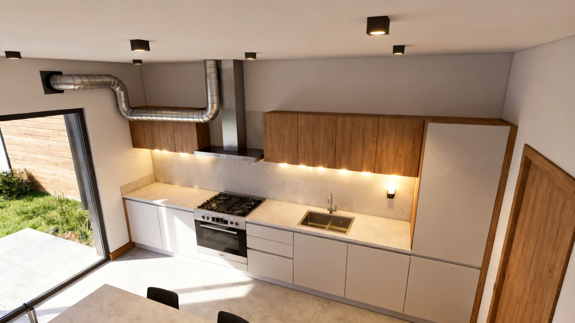 Top‑down rear kitchen plan showing ducted hood route and layered lighting.