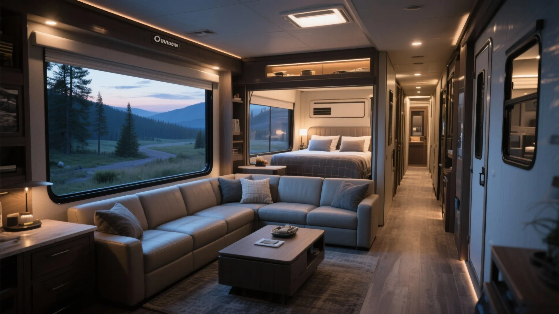 Modern travel trailer interior with grey sofa wooden coffee table large window and back bedroom