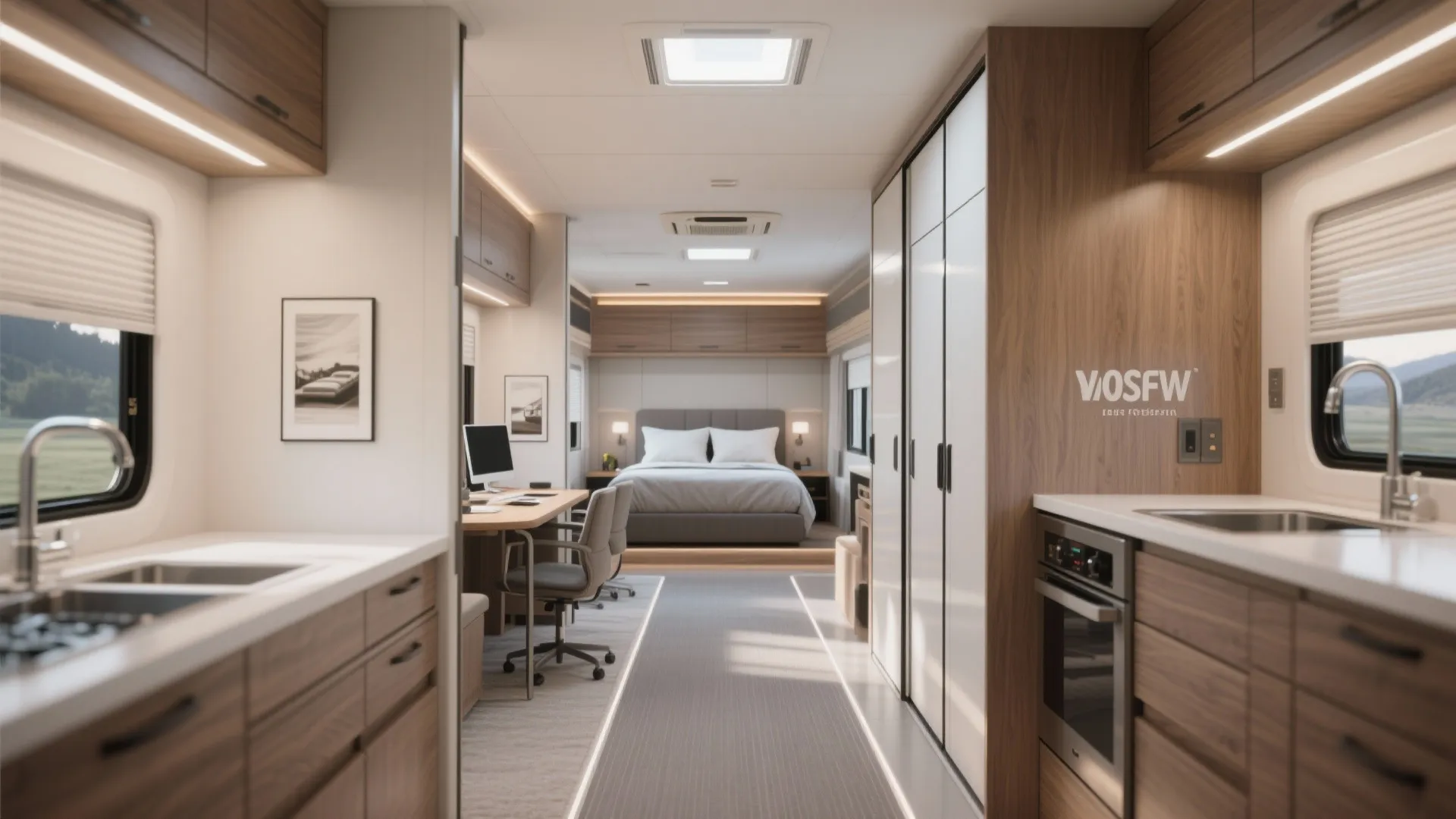 RV interior aisle showing rear master bedroom and front guest area used as office with clear circulation