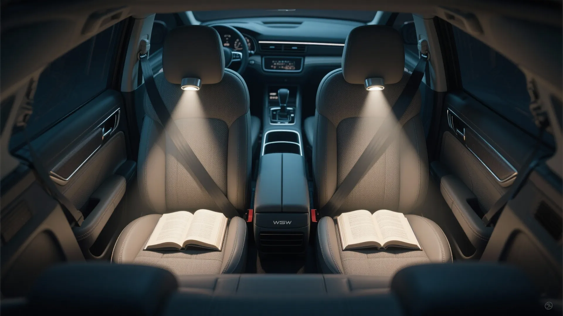 Car back seats with focused reading lights shining on open books for a comfortable ride