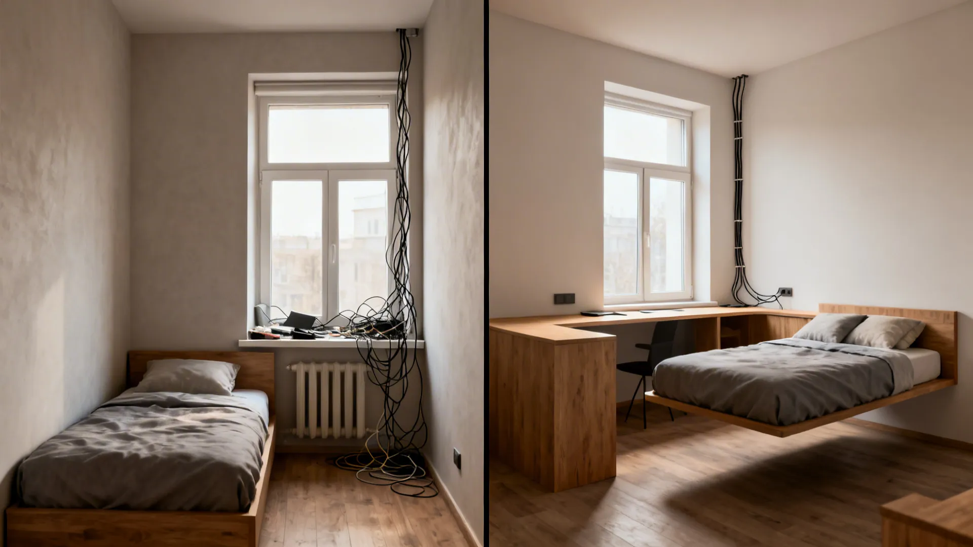 Split view of small room before and after: floated bed creates day sofa and L-shaped desk opens flow.