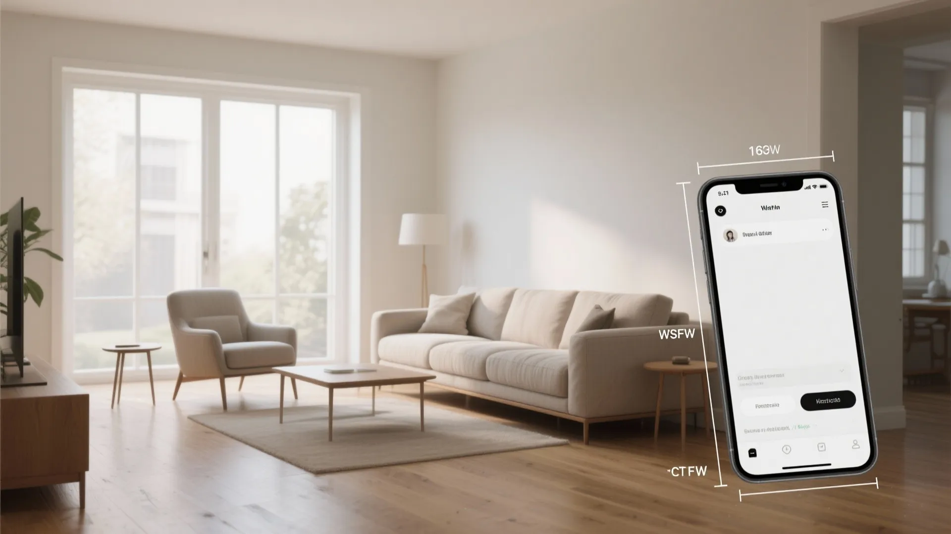 Decluttered living room with furniture rearranged to open traffic flow and a smartphone room planner overlay.