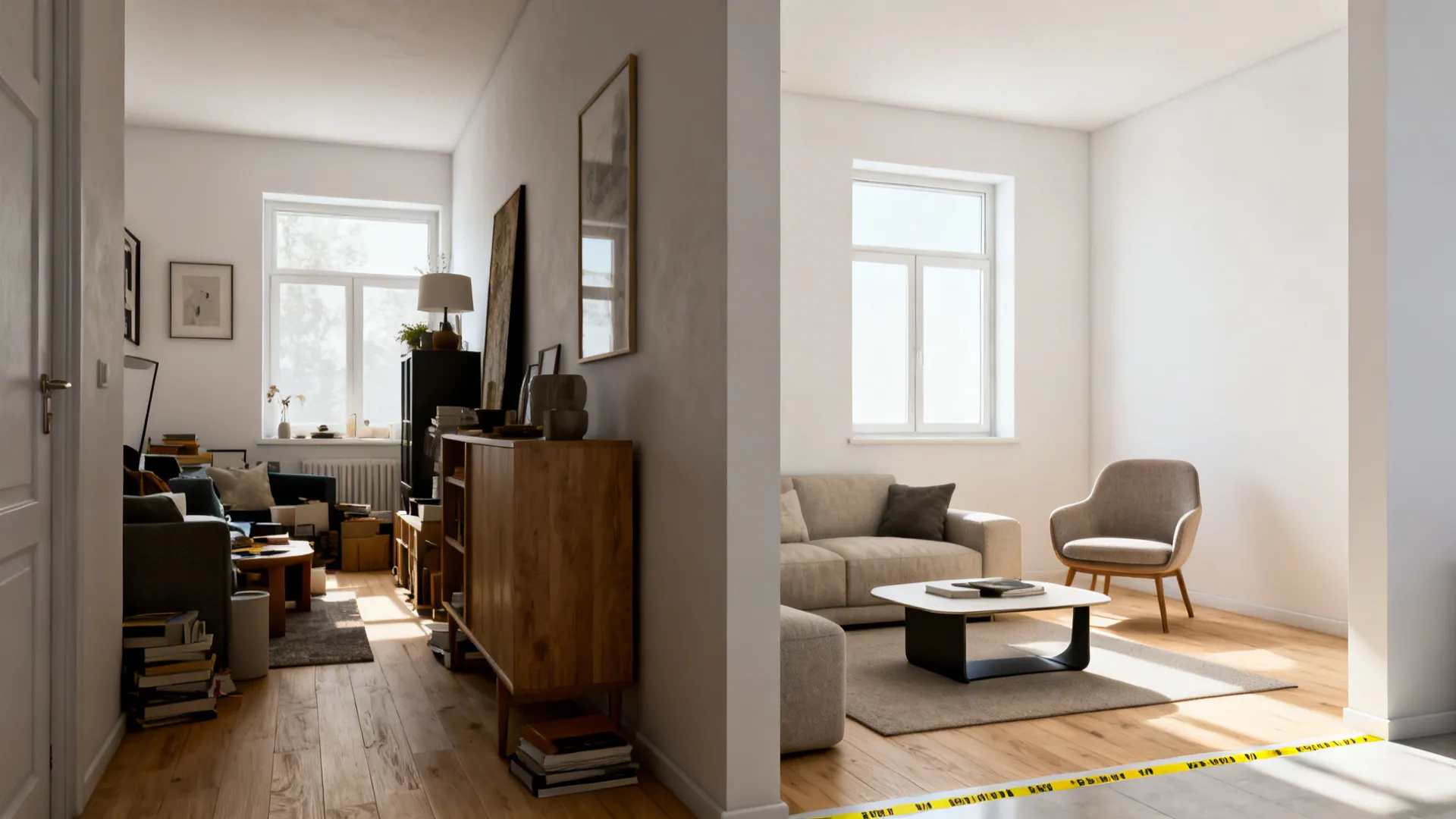Side by side comparison showing a messy room versus a clean and organized modern living