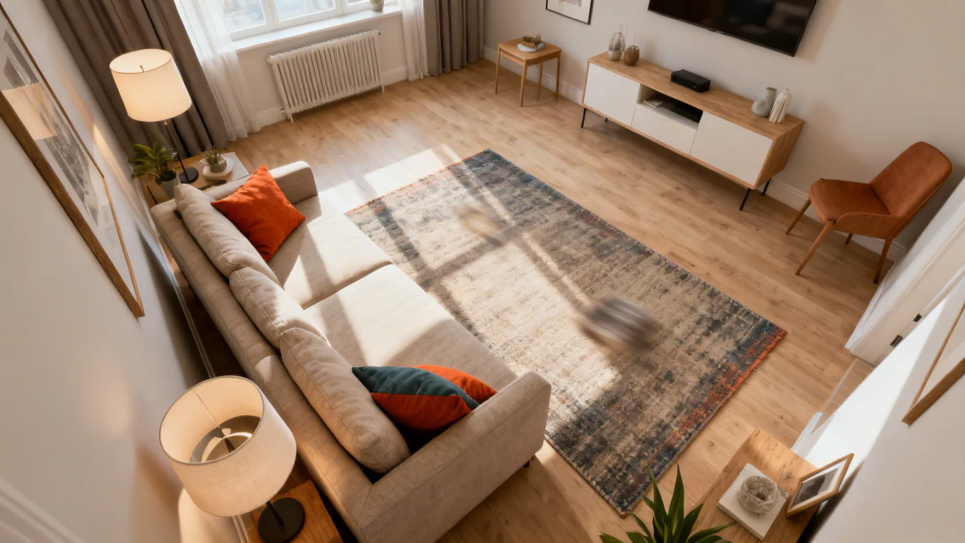 Small living room mid-rearrangement showing improved traffic flow and angled furniture.