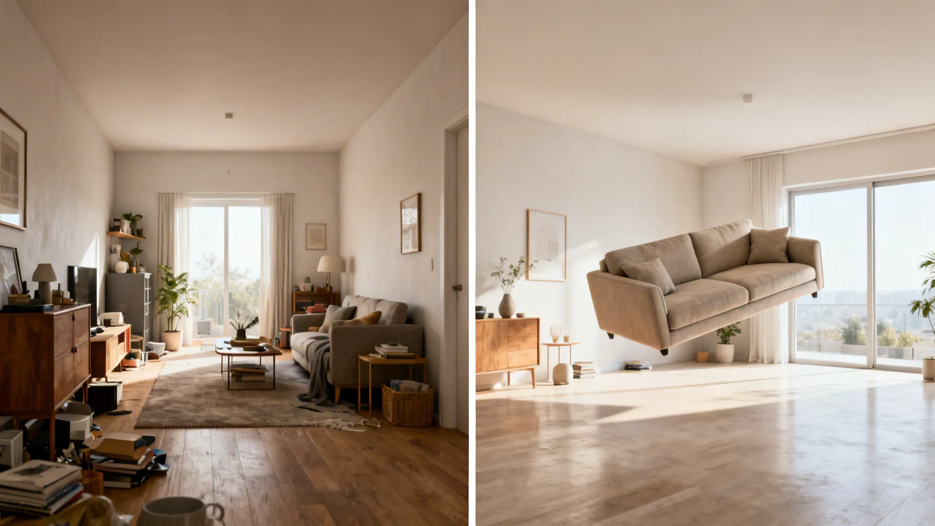 Before and after comparison showing a messy living room versus a clean minimalist room layout design