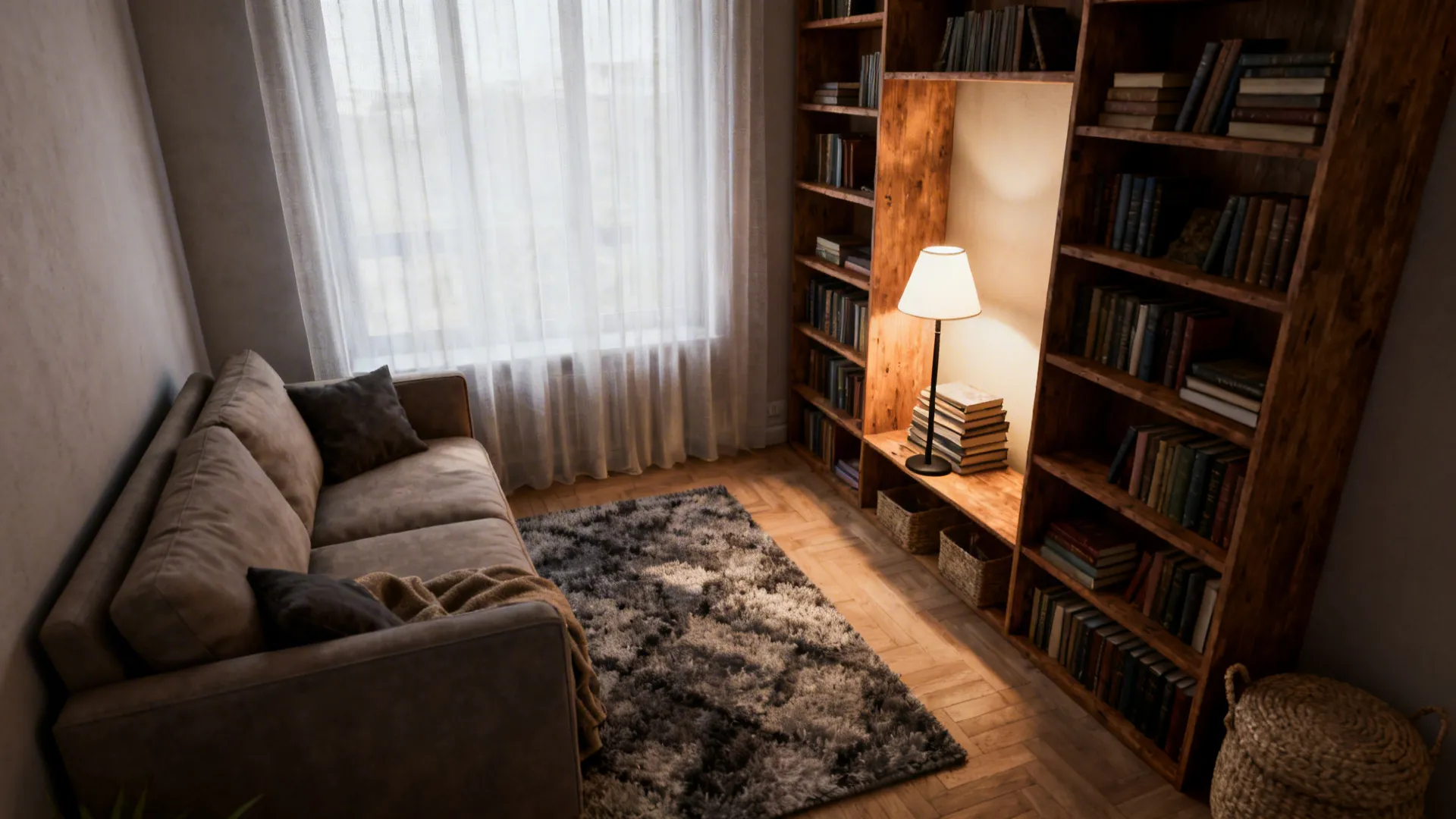 Angled sofa and repurposed bookcase creating a cozy reading nook in a small living room