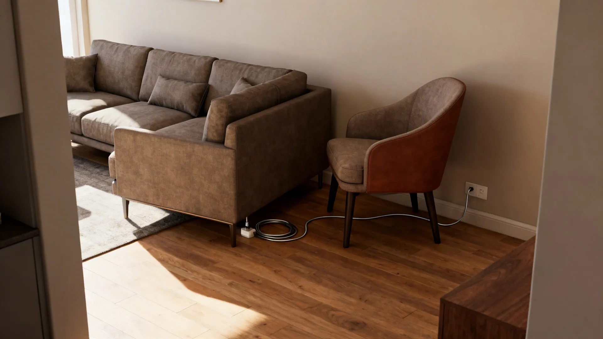 Brown sofa and chair on wooden floor next to wall outlet with bright natural sunlight