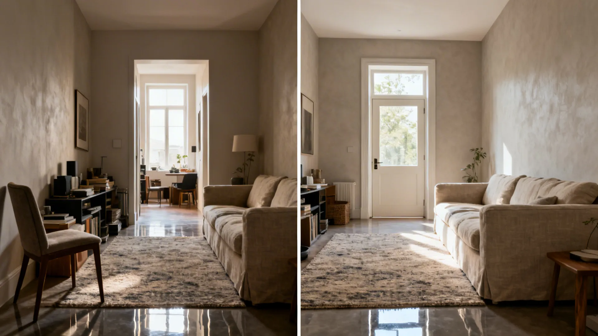 Before-and-after of a small living room showing a clear path after rearranging furniture.