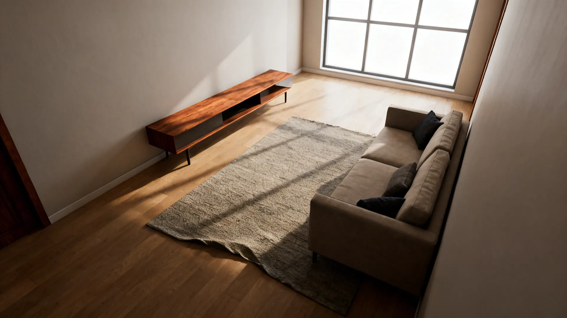 Small living room with floated sofa and improved traffic flow after furniture rearrangement.