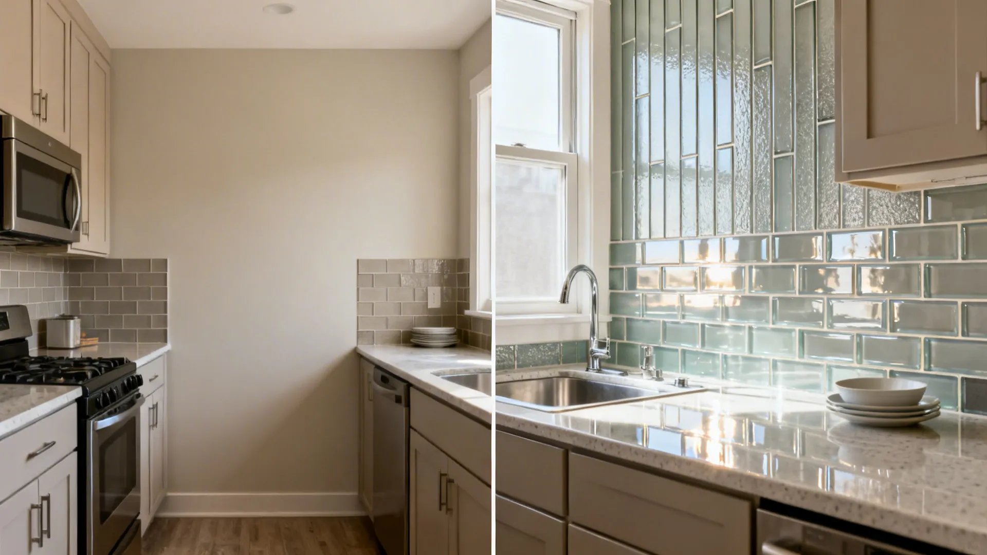 Split view showing a small kitchen before and after adding glass subway tile designs.